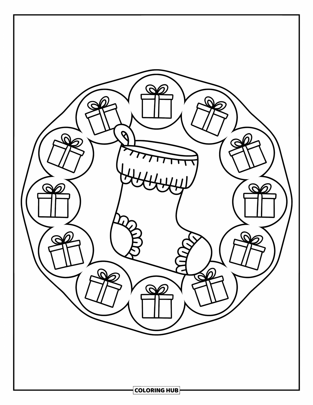 Christmas Mandala Coloring Page for Kids: A stocking framed by presents, candy canes, and holly leaves