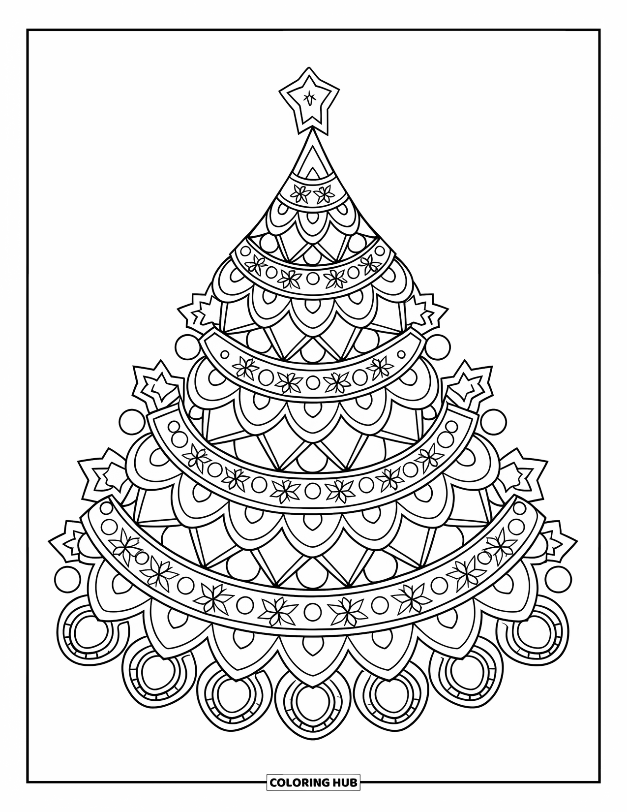 Christmas Mandala Coloring Page for Kids: A tree surrounded by stars, hearts, and circles in a festive mandala