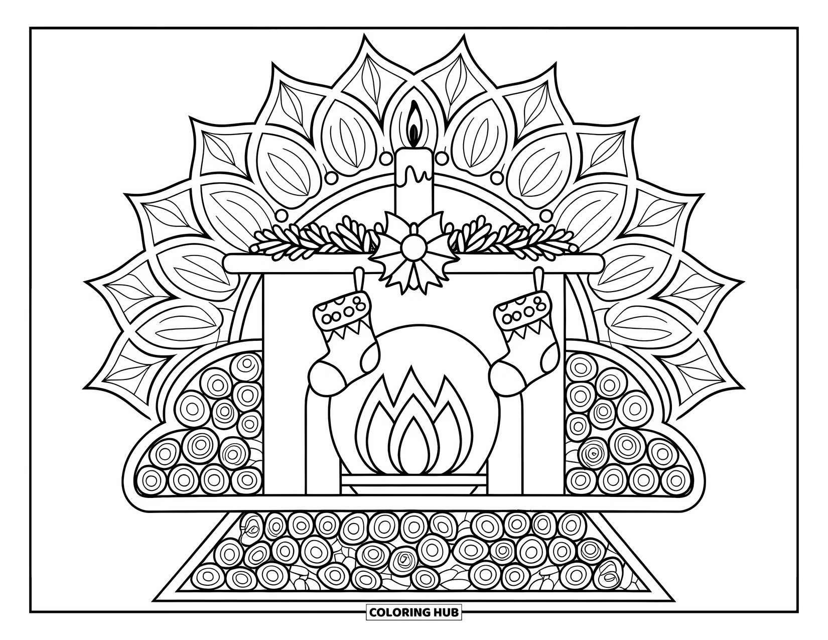 Christmas Mandala Coloring Page for Kids: A warm fireplace framed by a mandala of firewood and hanging stockings