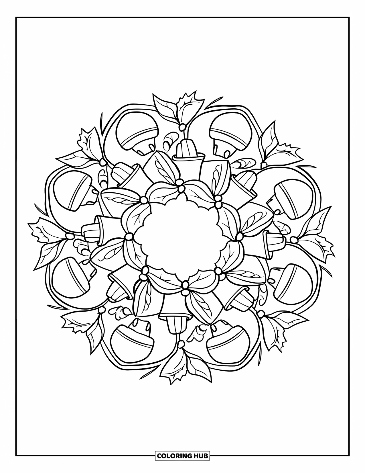 Christmas Mandala Coloring Page for Kids: A wreath of bells and holly surrounded by repeating circular patterns
