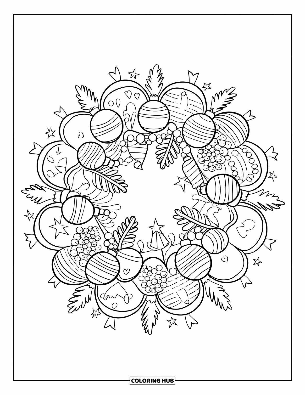 Christmas Mandala Coloring Page for Kids: A wreath of ornaments, trees, and hearts forming a circular Christmas design