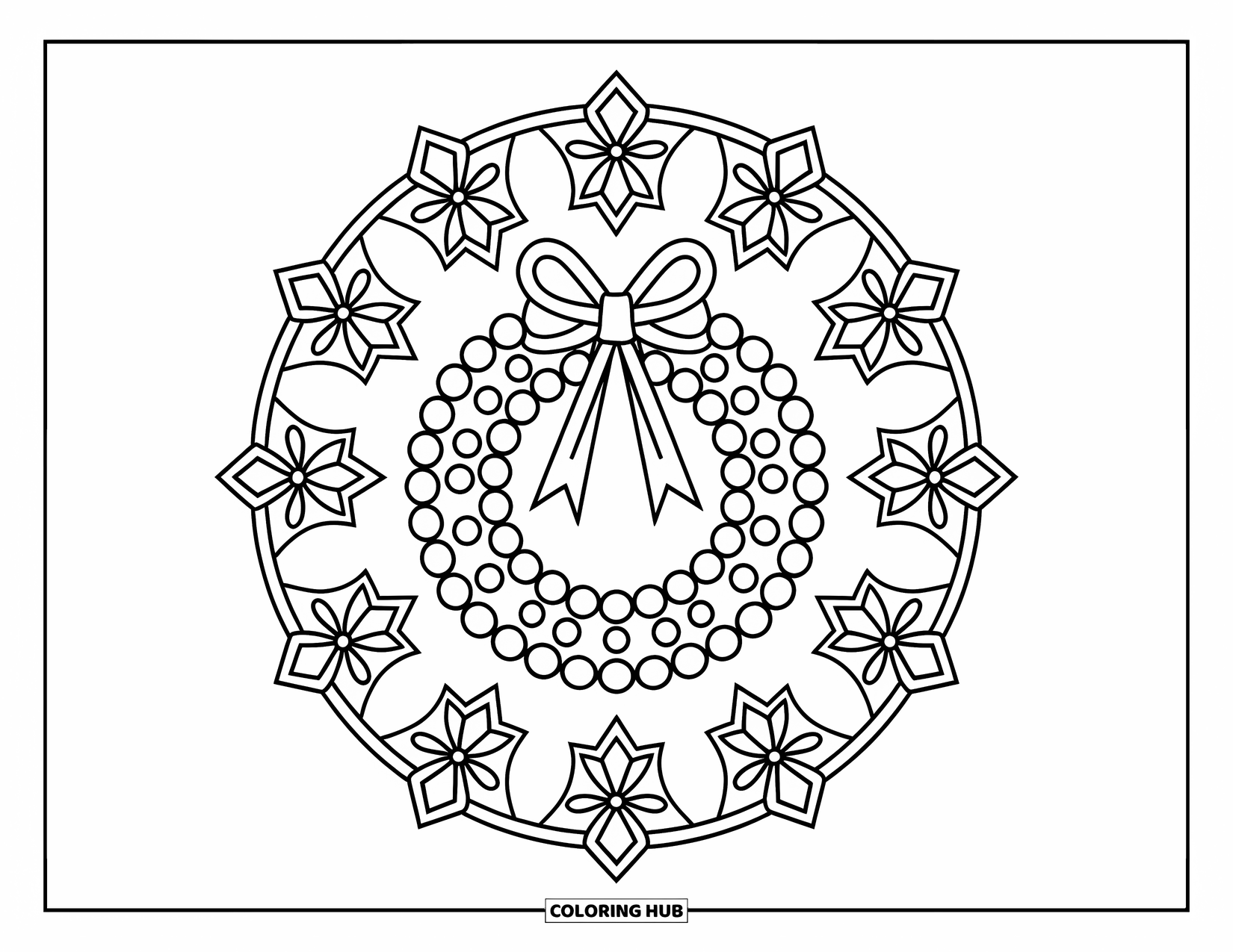 Christmas Mandala Coloring Page for Kids: A wreath with ribbons, stars, and bows in a joyful circular pattern