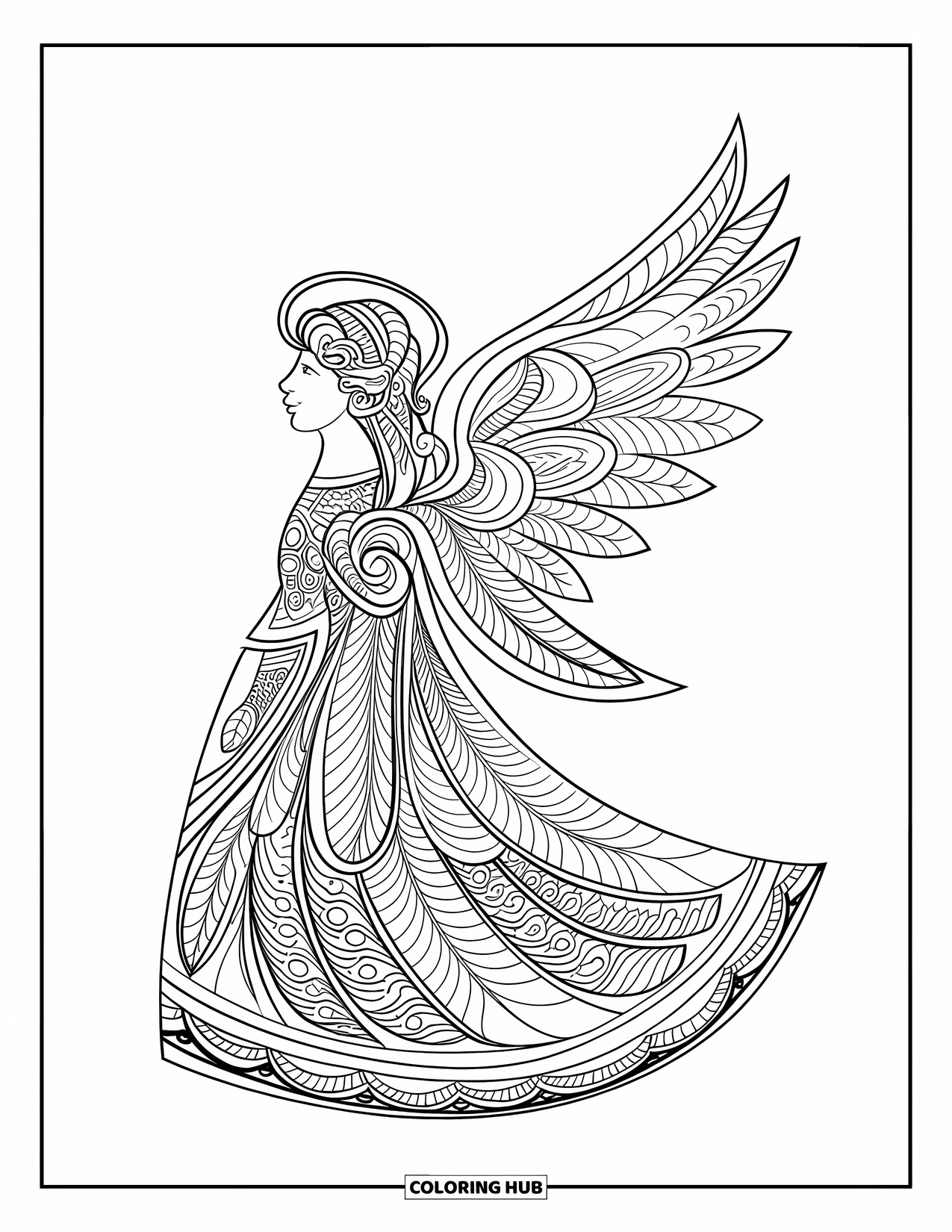 Christmas Mandala Coloring Page for Kids: An angel in profile with wings and halo forms a heavenly mandala