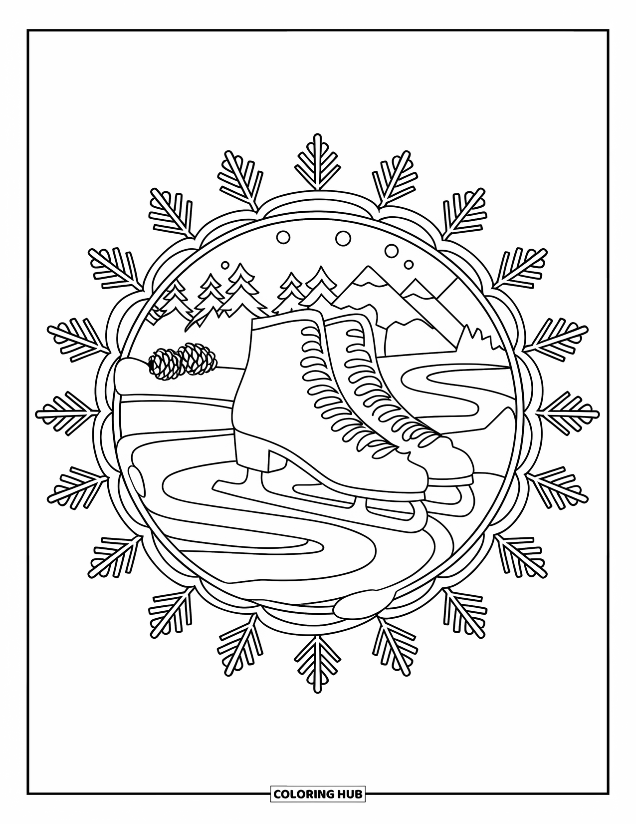 Christmas Mandala Coloring Page for Kids: Ice skates surrounded by snow trails, pinecones, and snowy mountains