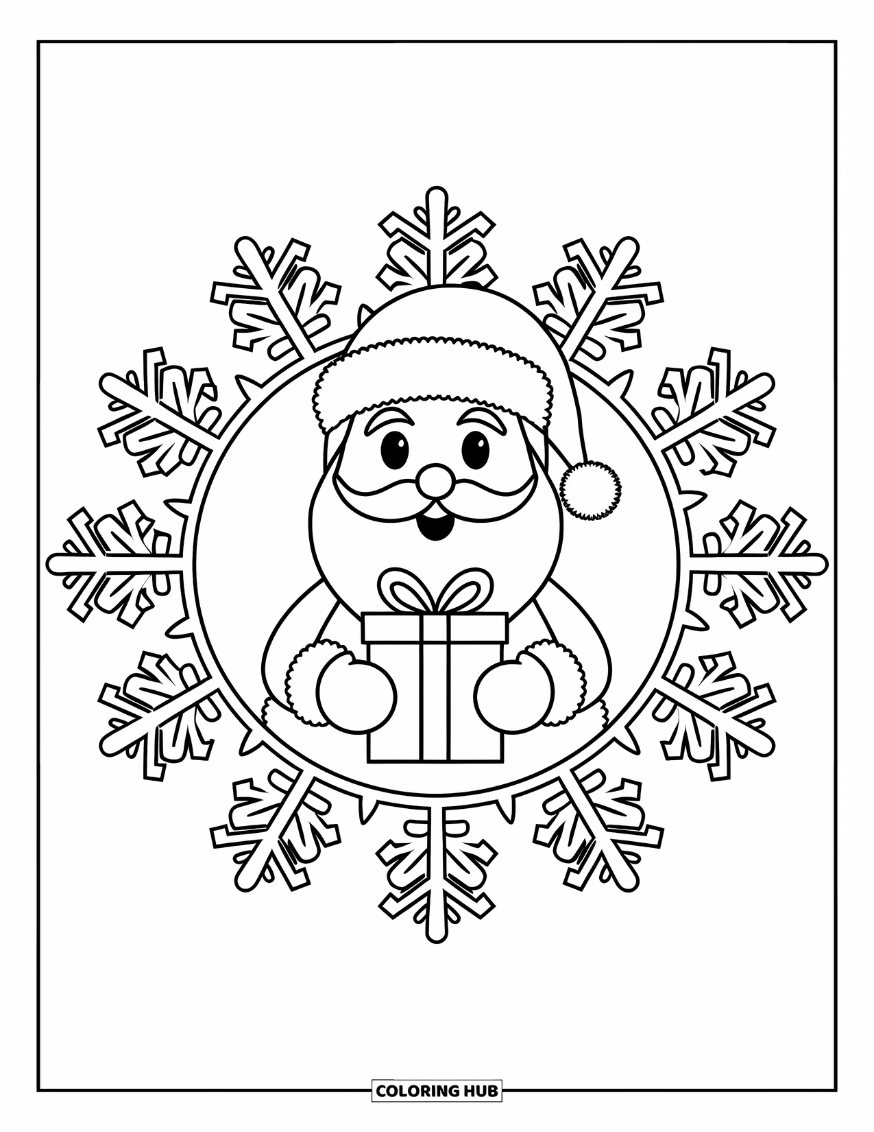Christmas Mandala Coloring Page for Kids: Santa holds a gift surrounded by snowflakes and holly in a mandala