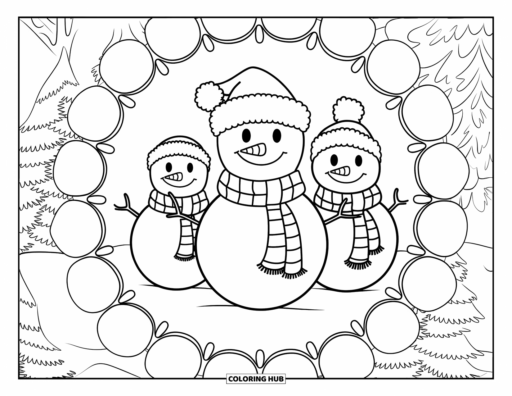 Christmas Mandala Coloring Page for Kids: Three snowmen wearing scarves surrounded by trees and snowballs