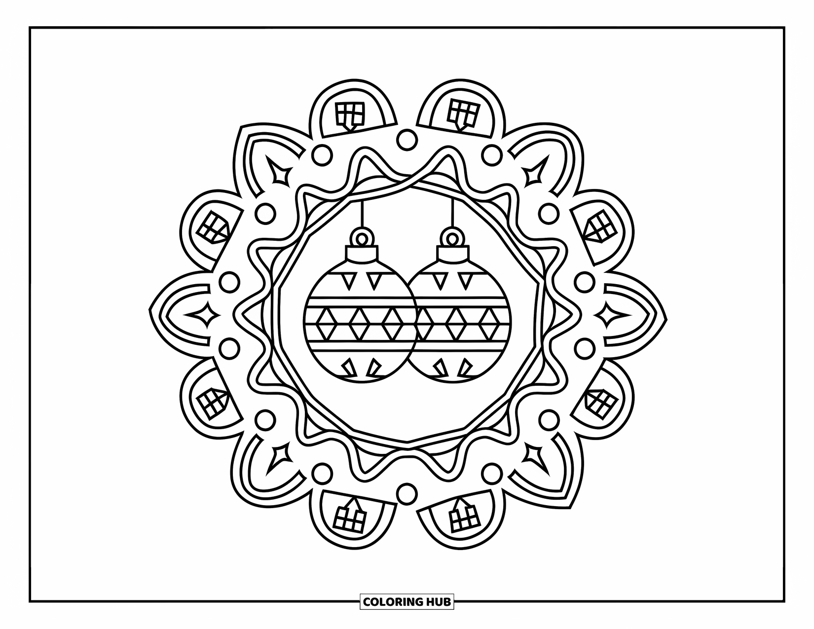 Christmas Mandala Coloring Page for Kids: Two ornaments surrounded by ribbons, stars, and Christmas trees