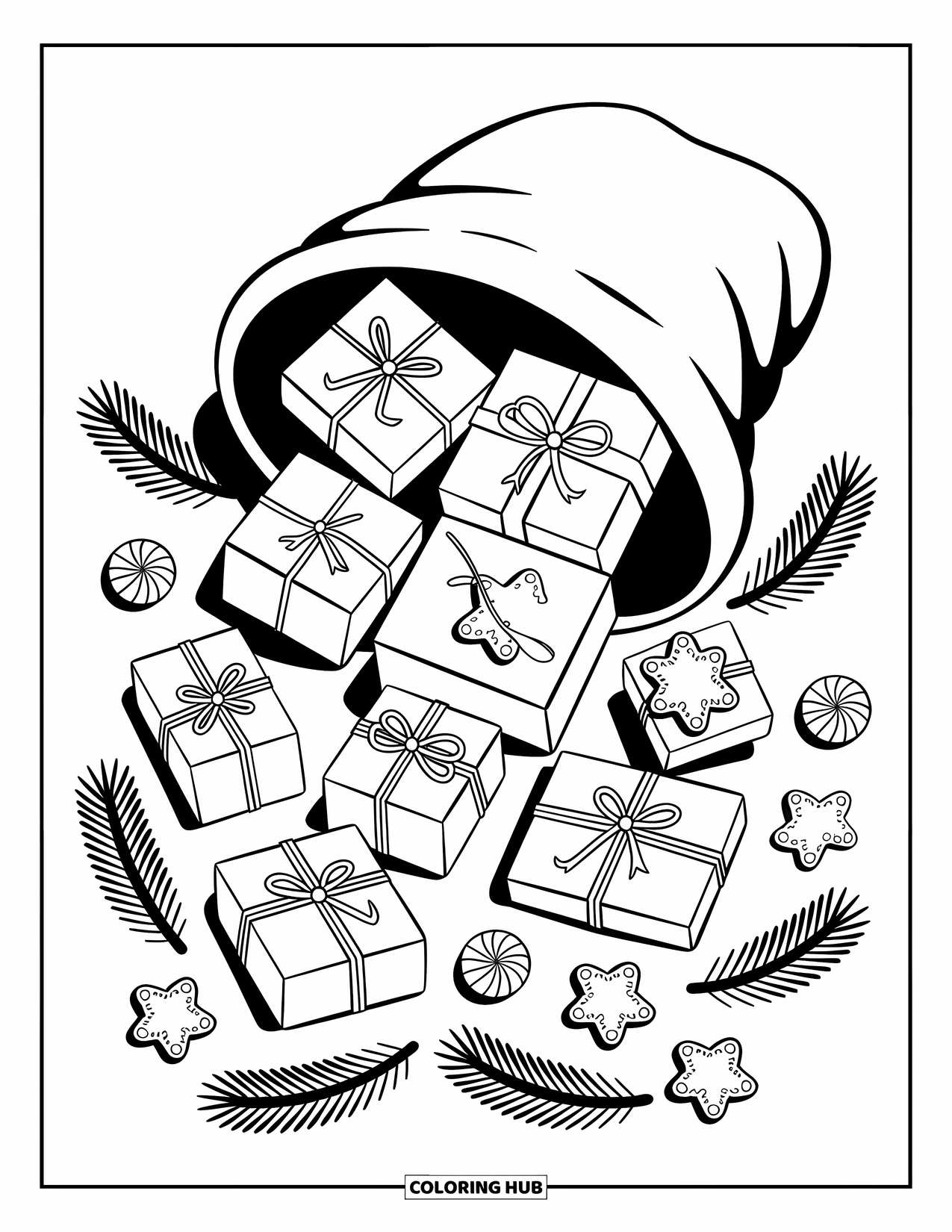 Christmas Presents Coloring Page for Adults: A big gift sack spills presents, candies, cookies, and pine branches
