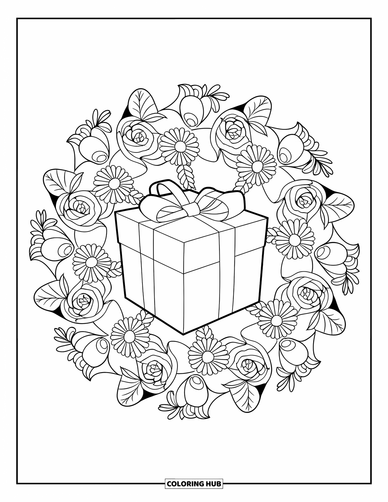 Christmas Presents Coloring Page for Adults: A bow-tied gift surrounded by roses, daisies, and swirling vines