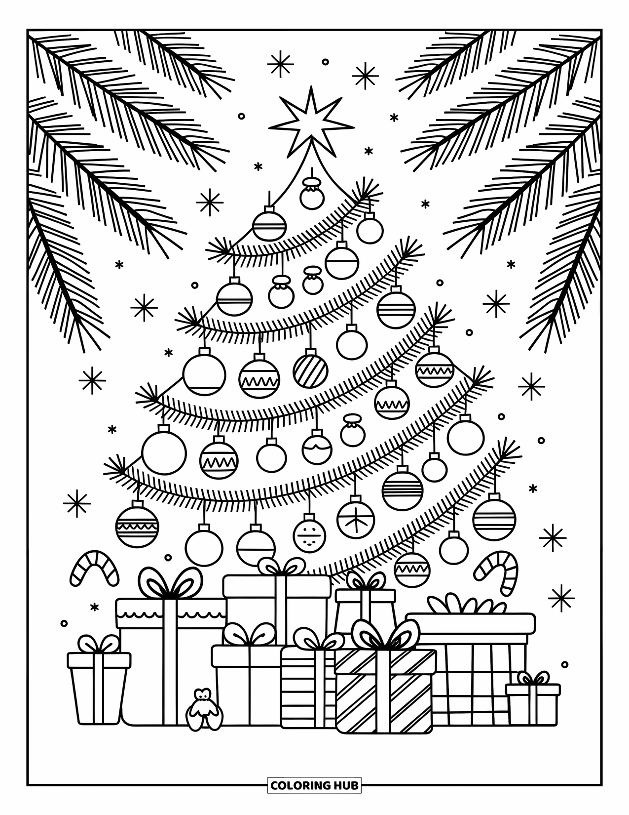 Christmas Presents Coloring Page for Adults: A Christmas tree sparkles with ornaments, bows, candy canes, and toys