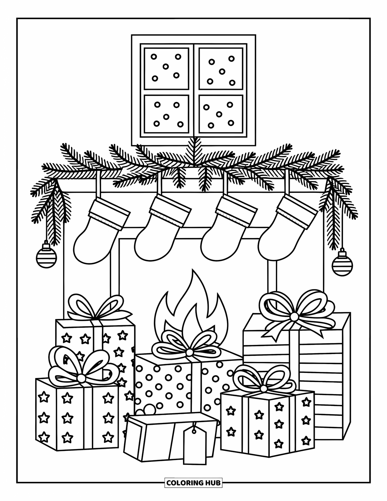 Christmas Presents Coloring Page for Adults: A cozy hearth with wrapped gifts, garlands, and stockings hung above