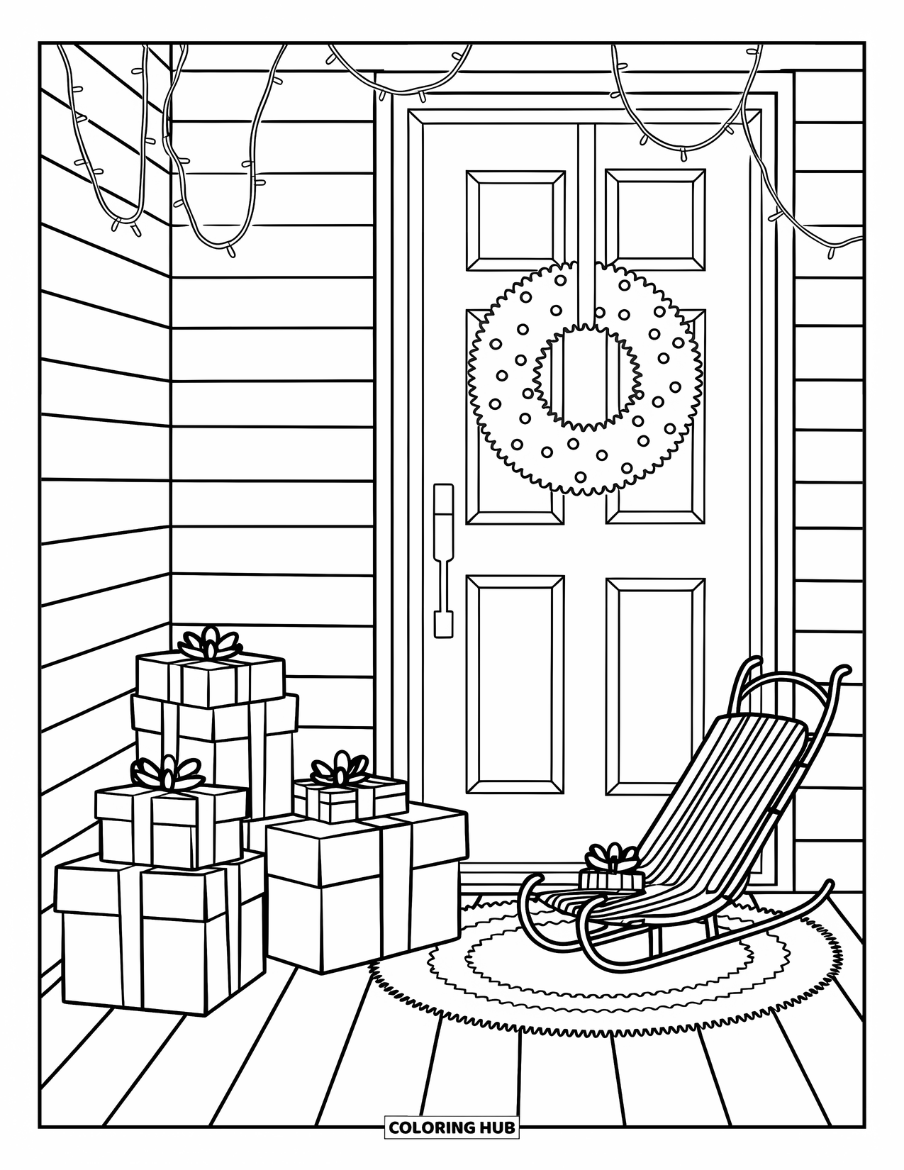 Christmas Presents Coloring Page for Adults: A cozy porch glows with gifts, snowflakes, and a sled leaning by the door