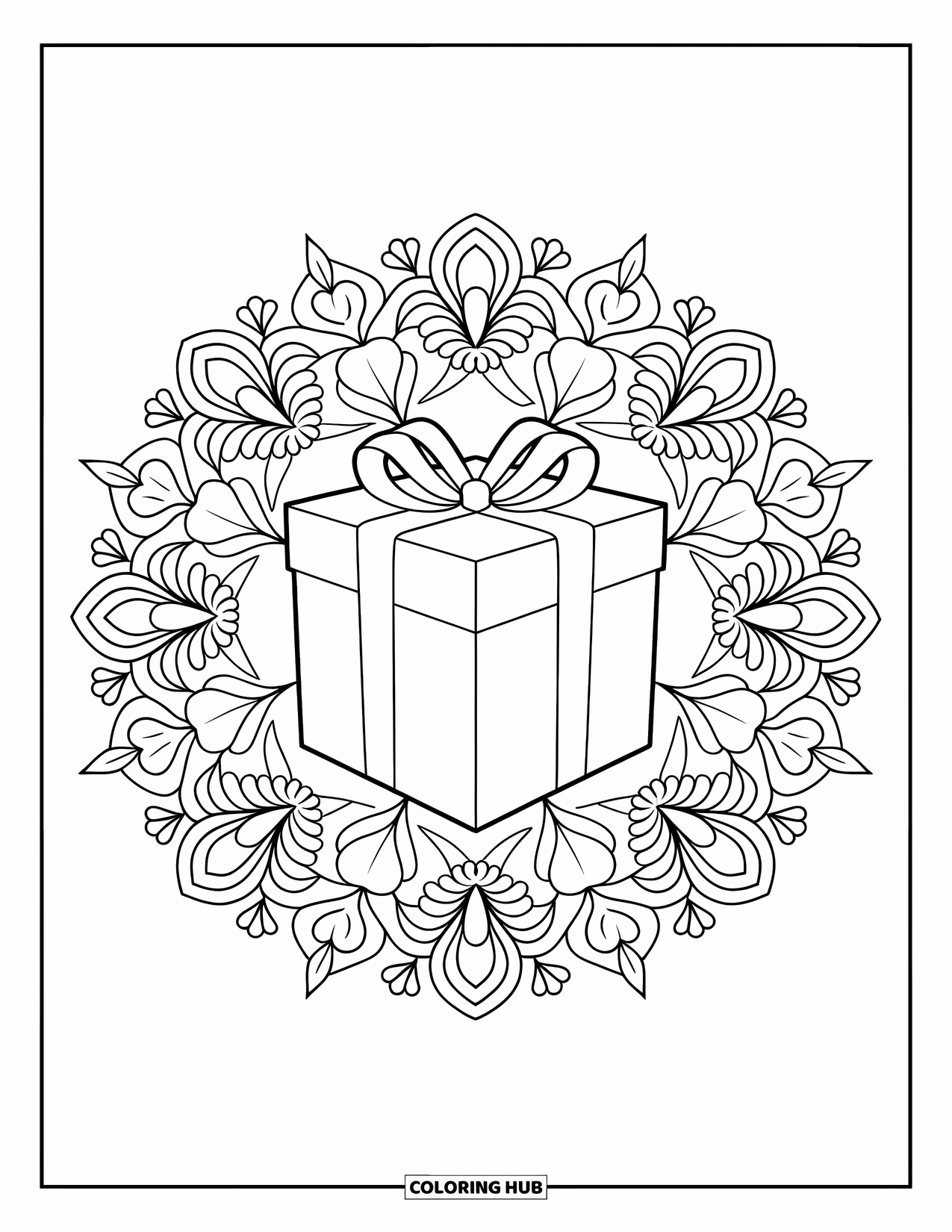 Christmas Presents Coloring Page for Adults: A gift box surrounded by a floral mandala of flowers and vines