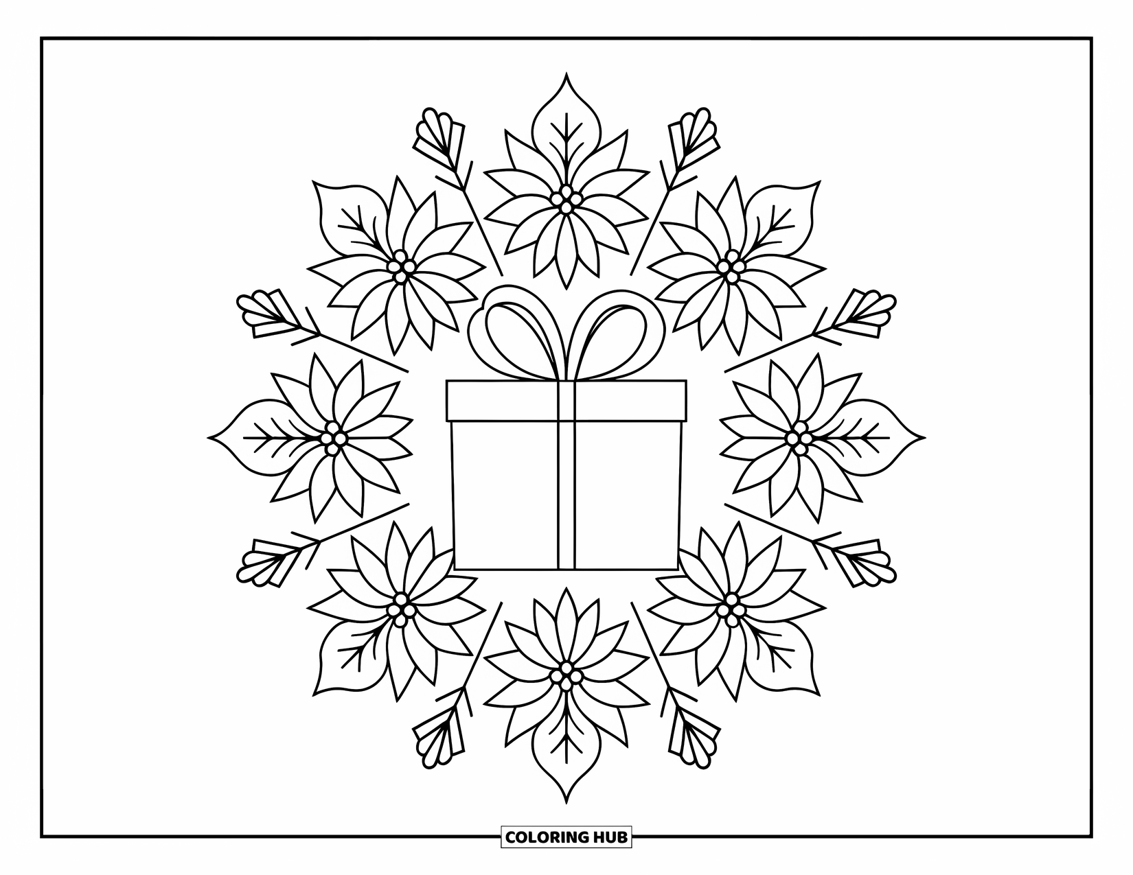 Christmas Presents Coloring Page for Adults: A present sits at the center of a snowflake and poinsettia mandala