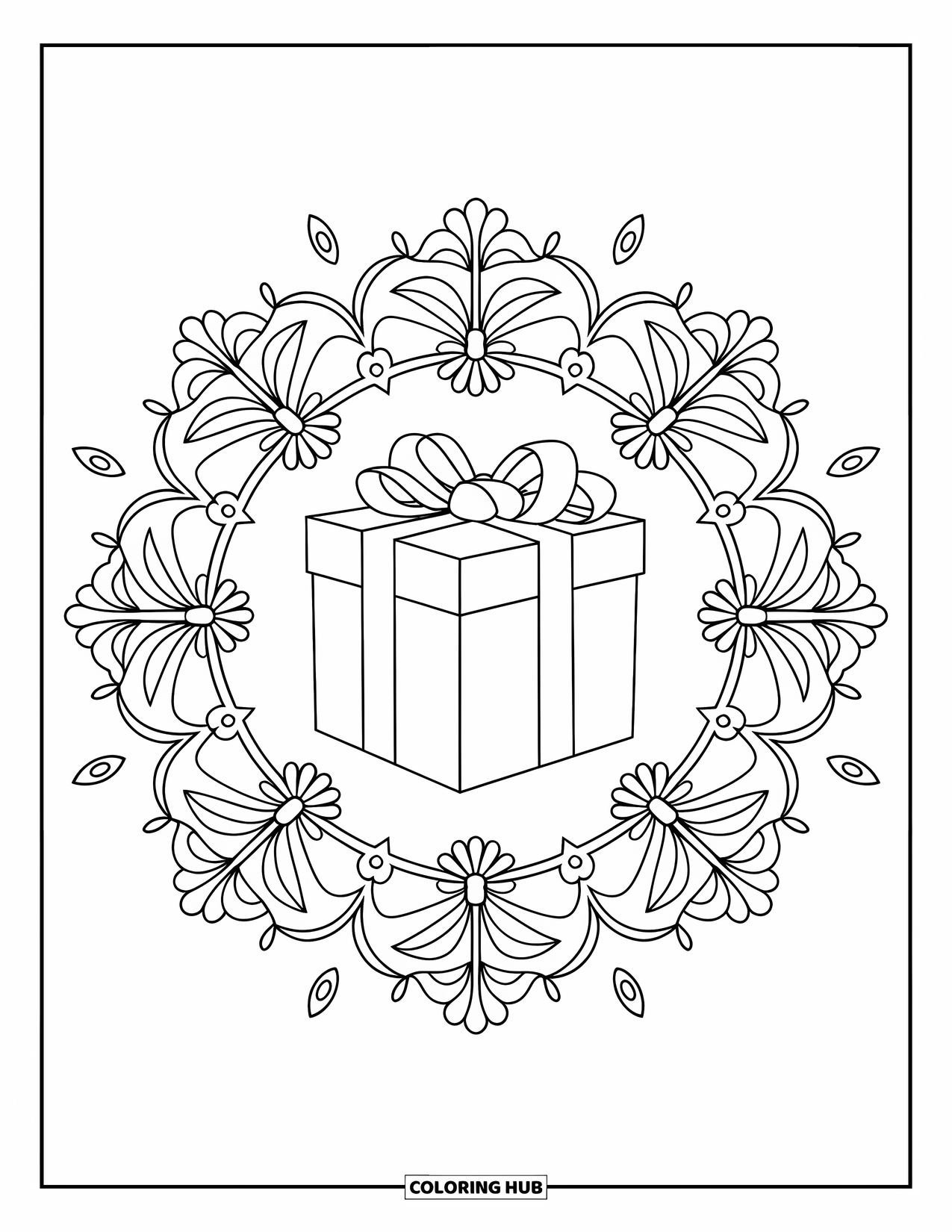 Christmas Presents Coloring Page for Adults: A ribboned gift framed by a floral mandala of leaves and blossoms