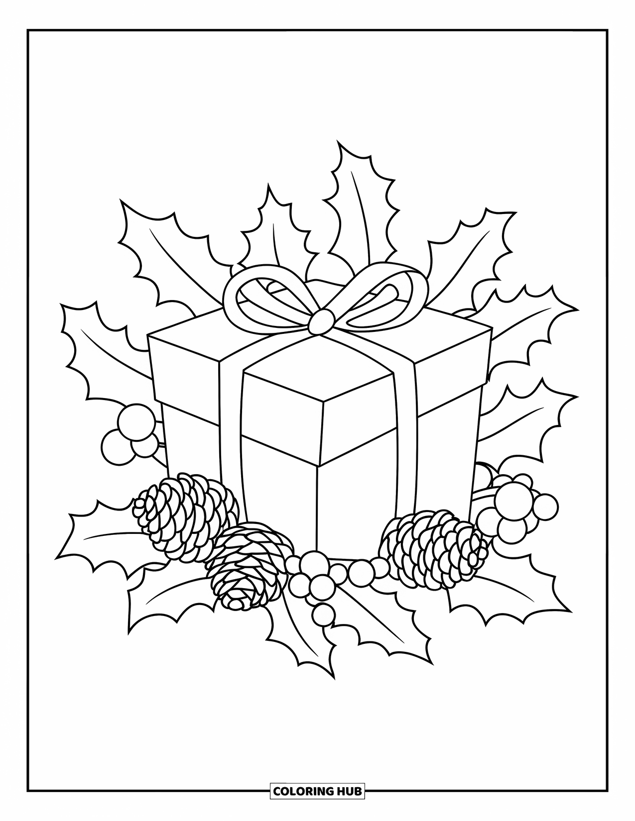 Christmas Presents Coloring Page for Adults: A simple gift sits among holly leaves, berries, and pinecones