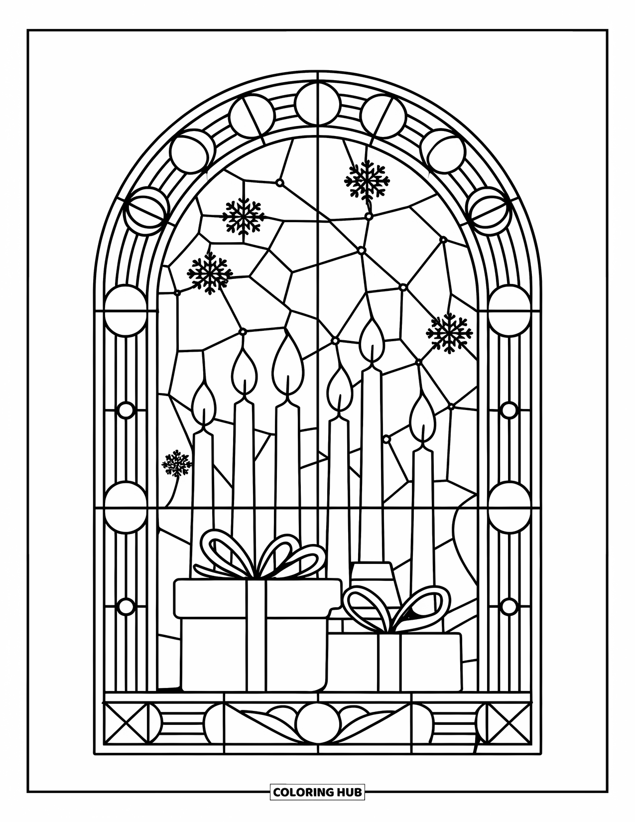 Christmas Presents Coloring Page for Adults: A stained glass window filled with presents, candles, and snowflakes
