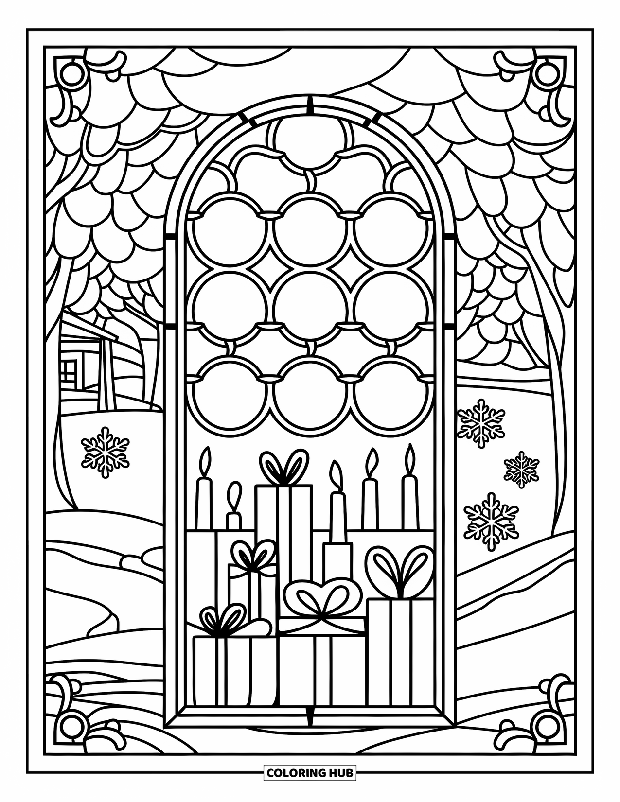 Christmas Presents Coloring Page for Adults: A stained glass window holds gifts, candles, and snowflakes with a cottage view