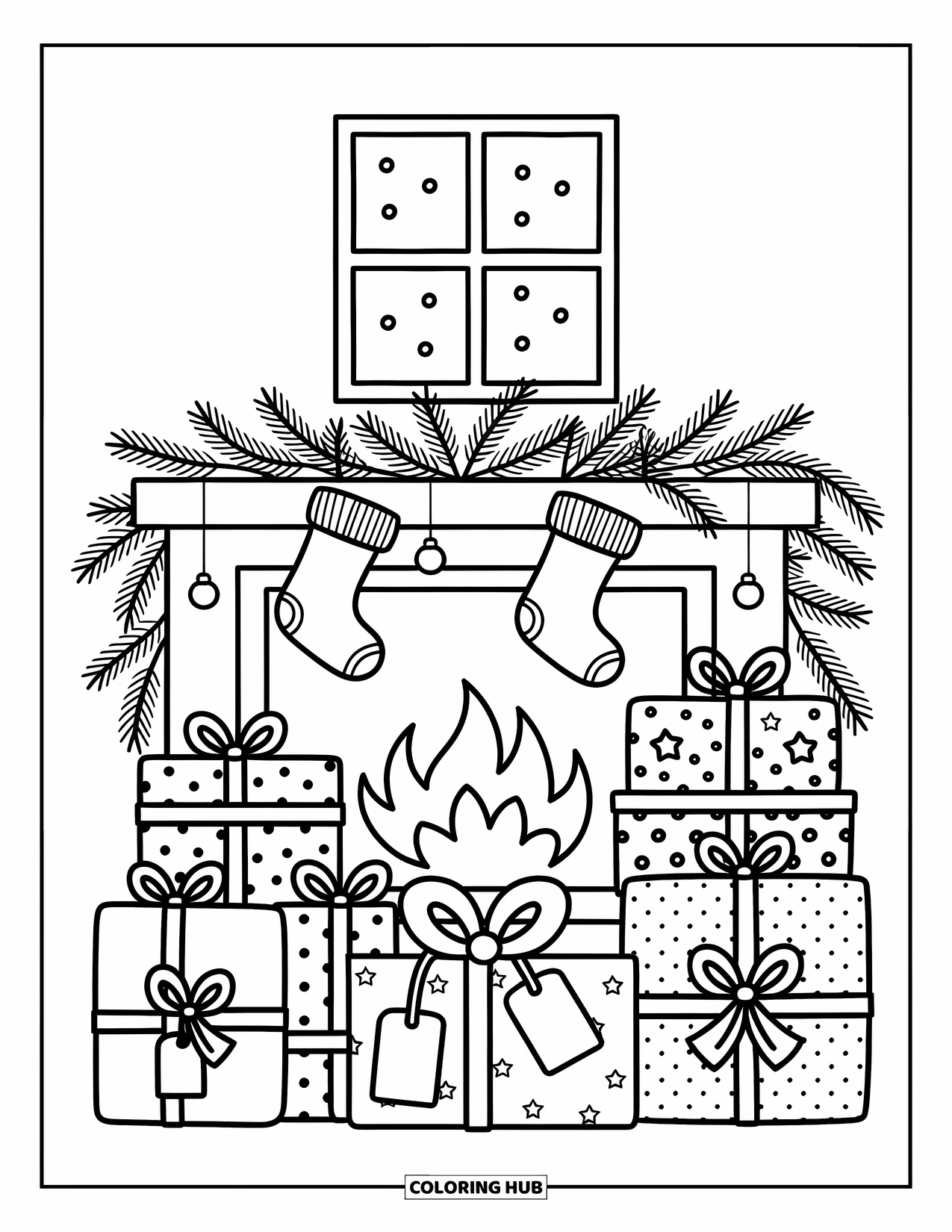 Christmas Presents Coloring Page for Adults: A warm fireplace scene with gifts, stockings, and a snowy window view