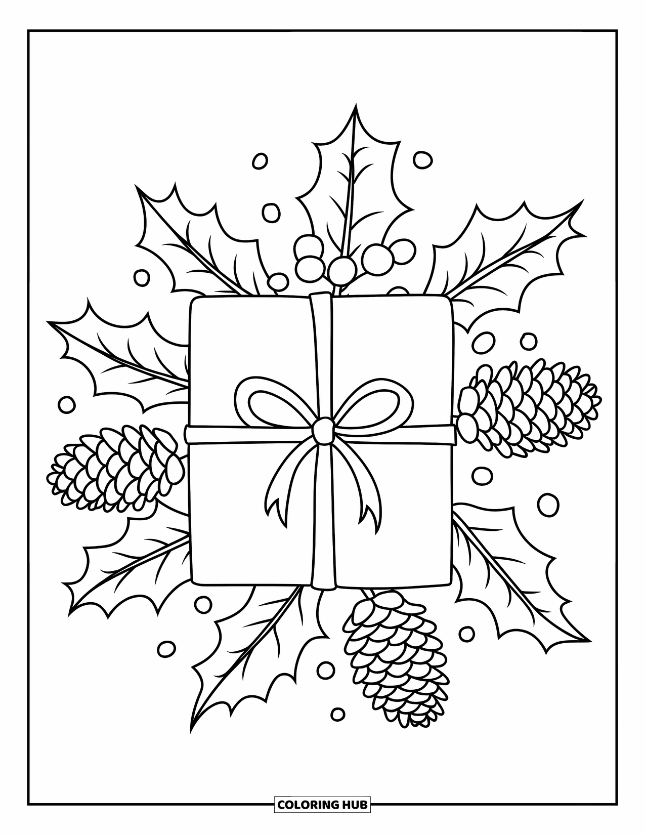 Christmas Presents Coloring Page for Adults: A wrapped gift surrounded by holly leaves, berries, and pinecones