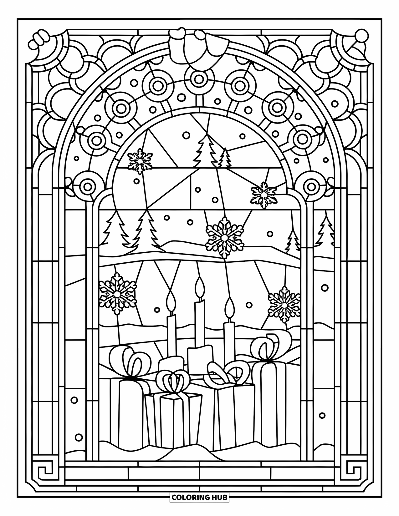 Christmas Presents Coloring Page for Adults: Candles and presents shine inside an ornate stained glass frame
