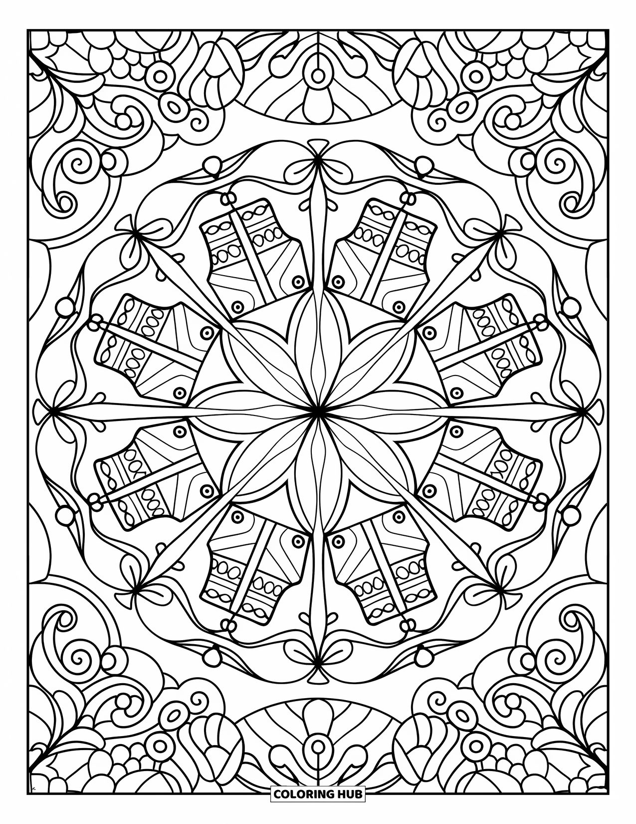 Christmas Presents Coloring Page for Adults: Gift boxes arranged in a mandala with floral and leafy designs