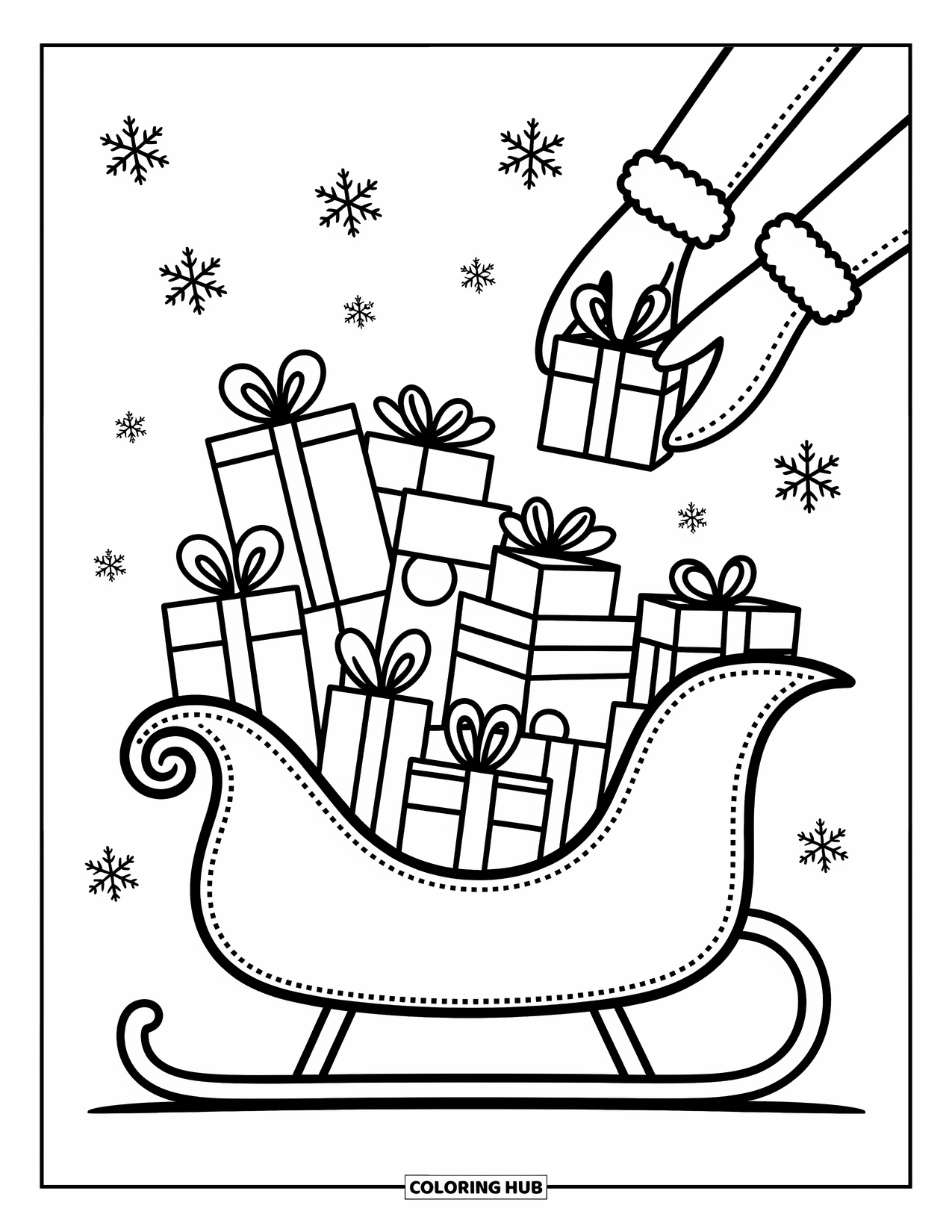 Christmas Presents Coloring Page for Adults: Mittens add a gift to a sleigh packed with ribbons and snowy cheer