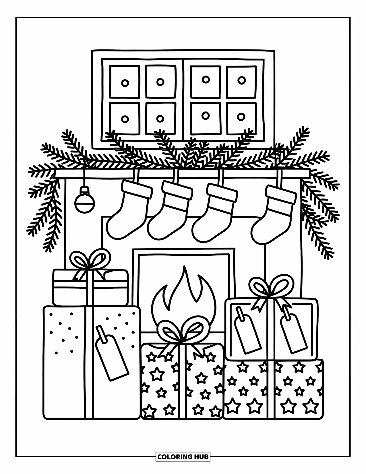 Christmas Presents Coloring Page for Adults: Presents sit before a glowing fireplace with stockings and falling snow