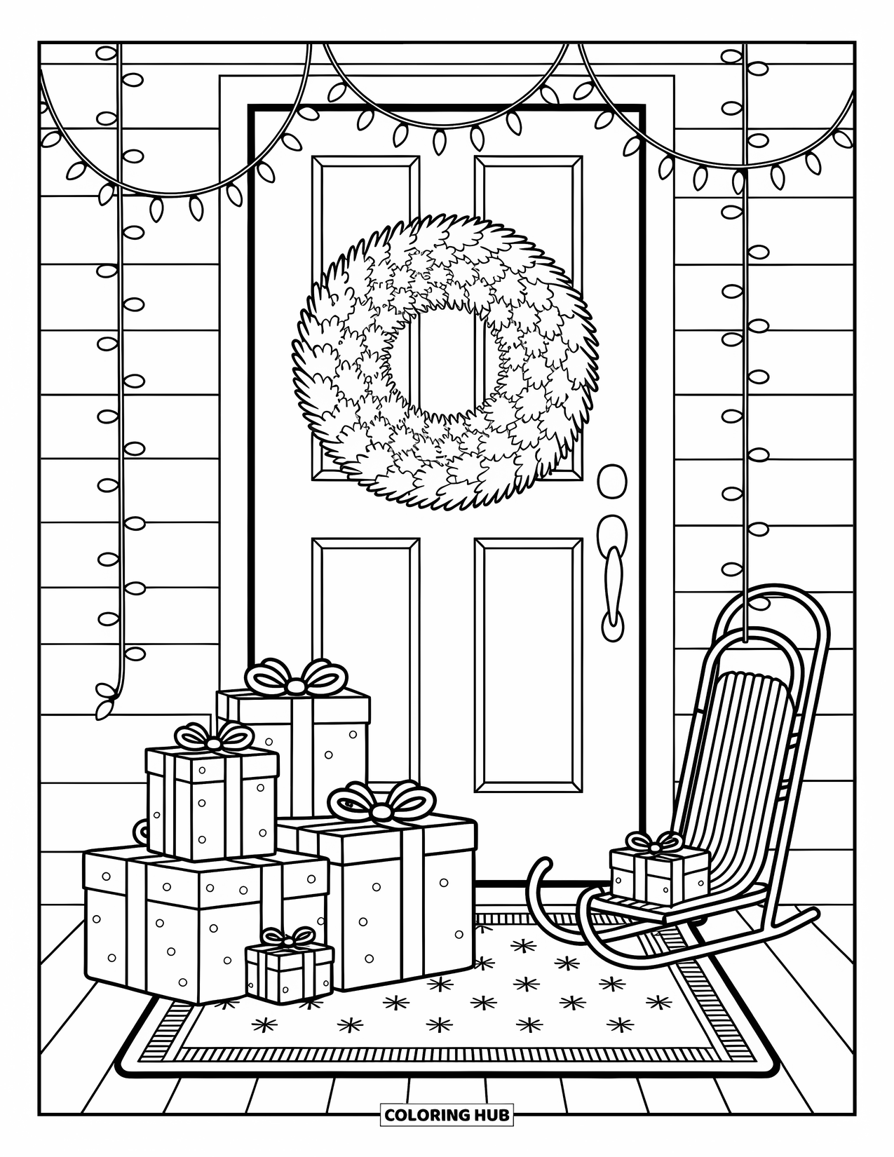 Christmas Presents Coloring Page for Adults: Snow-dusted presents sit on a porch with wreath, lights, and a sled