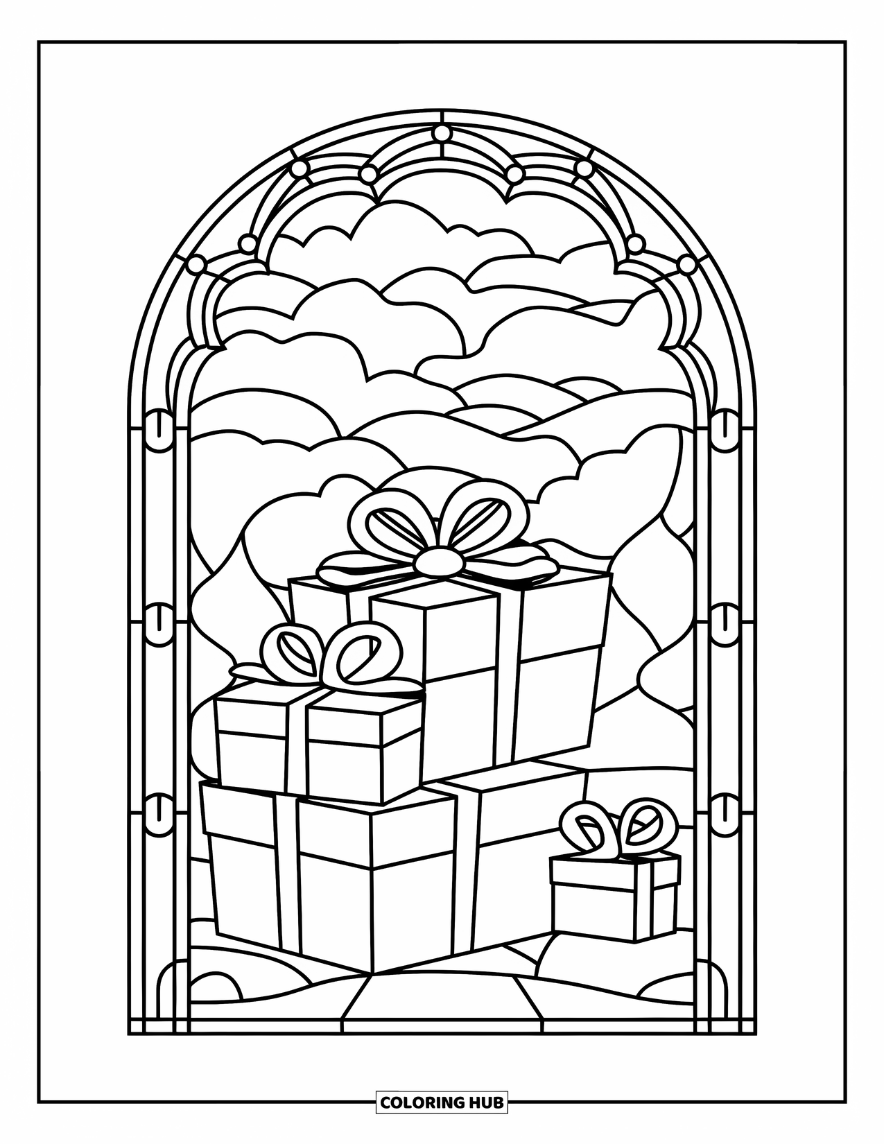 Christmas Presents Coloring Page for Adults: Three presents sit within a stained glass arch framed by trees and clouds