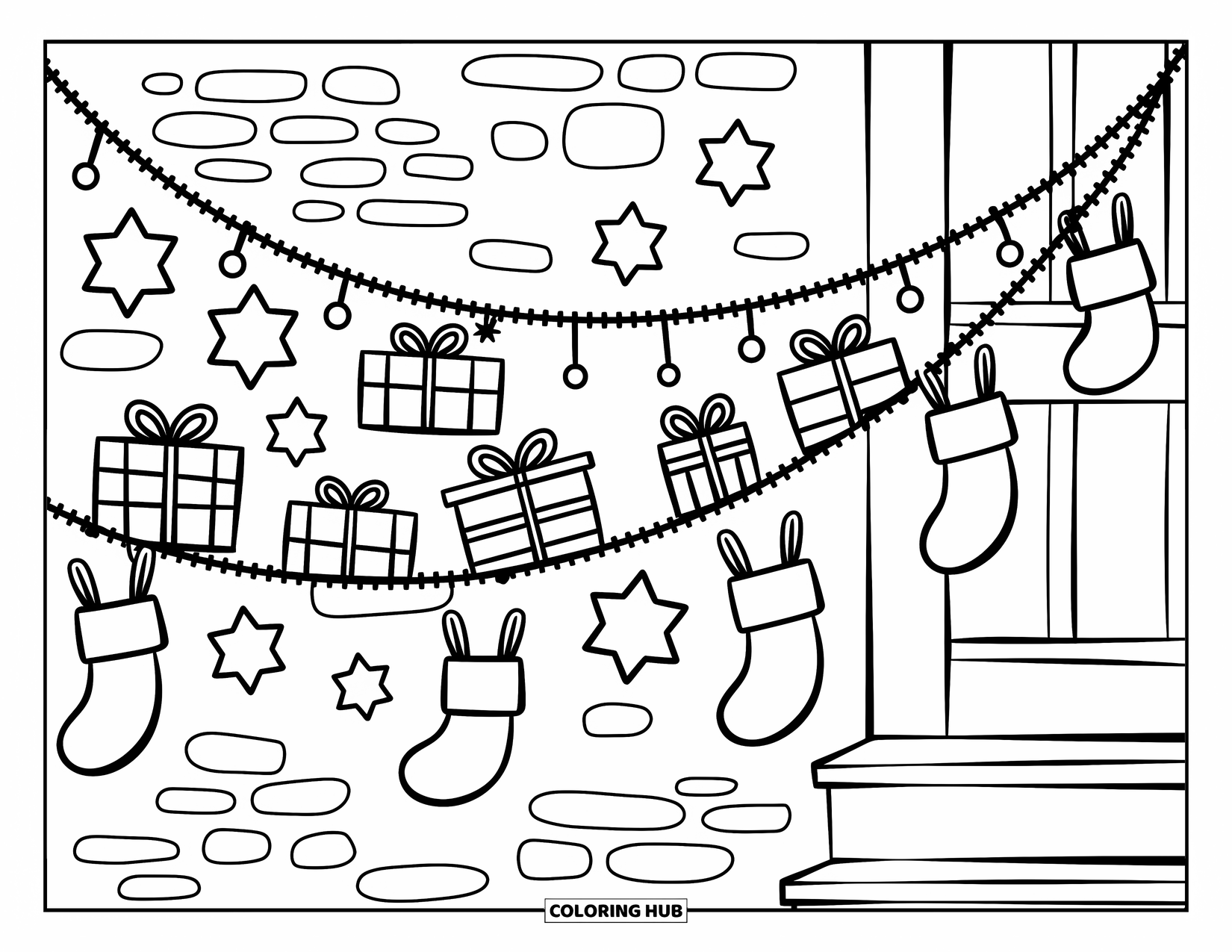 Christmas Presents Coloring Page for Adults: Tiny gifts, stars, and stockings hang from a festive garland on a warm wall