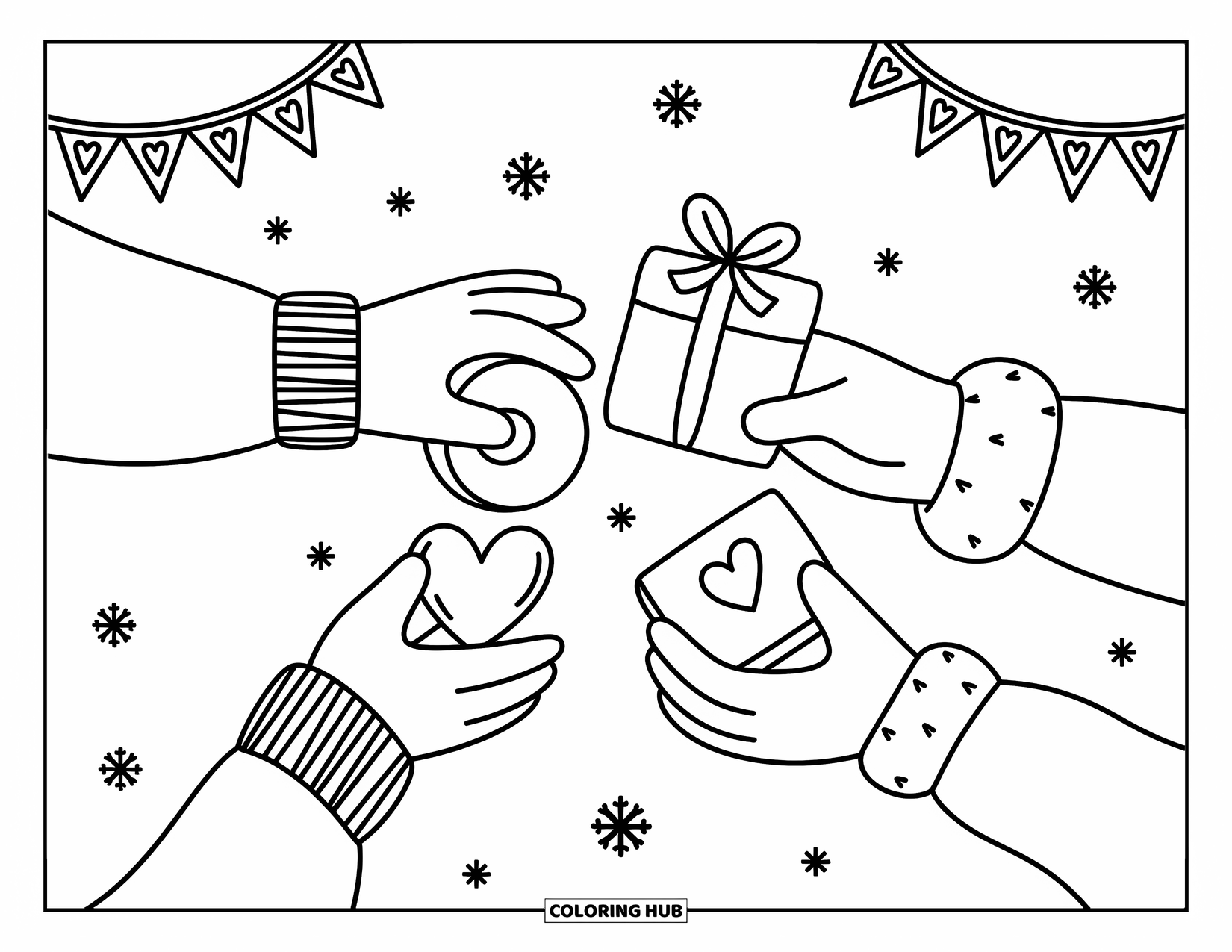 Christmas Presents Coloring Page for Adults: Two hands in cozy sleeves exchange heart, square, and round gifts with falling snowflakes