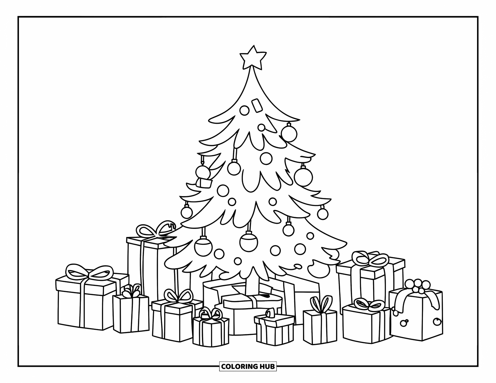 Christmas Presents Coloring Page for Kids: A bright Christmas tree surrounded by colorful wrapped presents