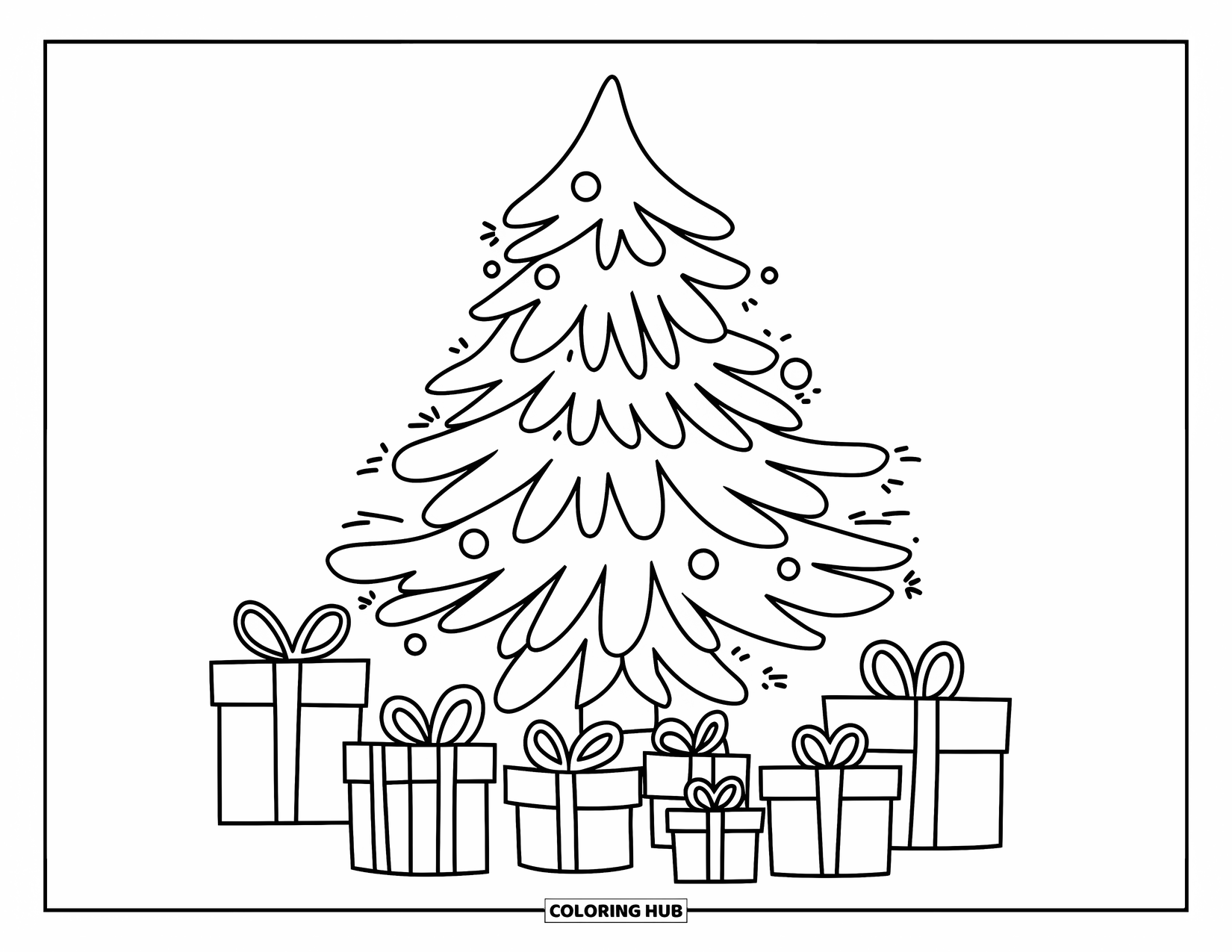Christmas Presents Coloring Page for Kids: A cheerful Christmas tree surrounded by gift boxes and snow