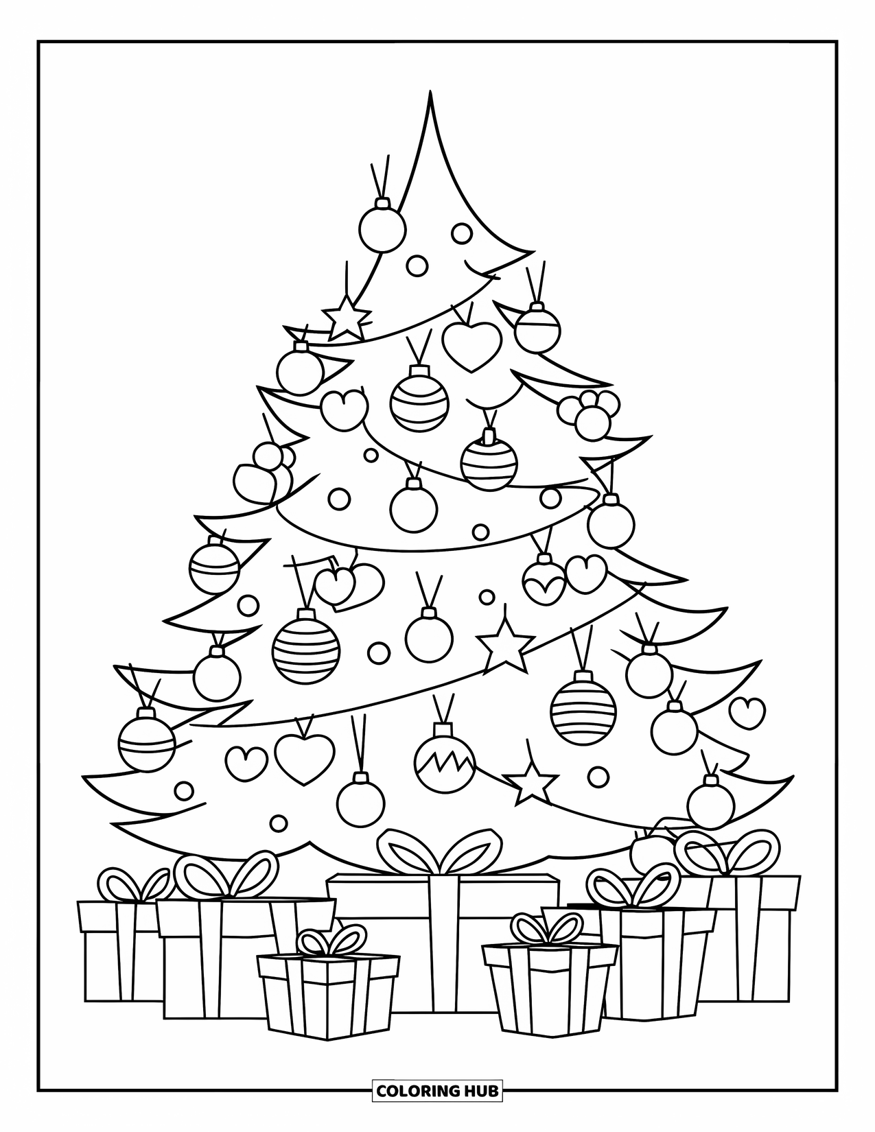 Christmas Presents Coloring Page for Kids: A Christmas tree covered in ornaments with presents resting at its base