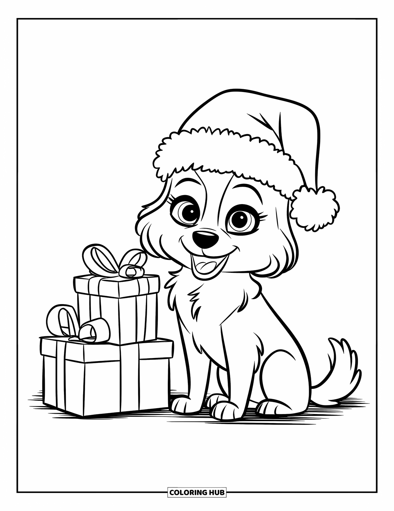 Christmas Presents Coloring Page for Kids: A fluffy dog with bright eyes sitting next to stacked presents