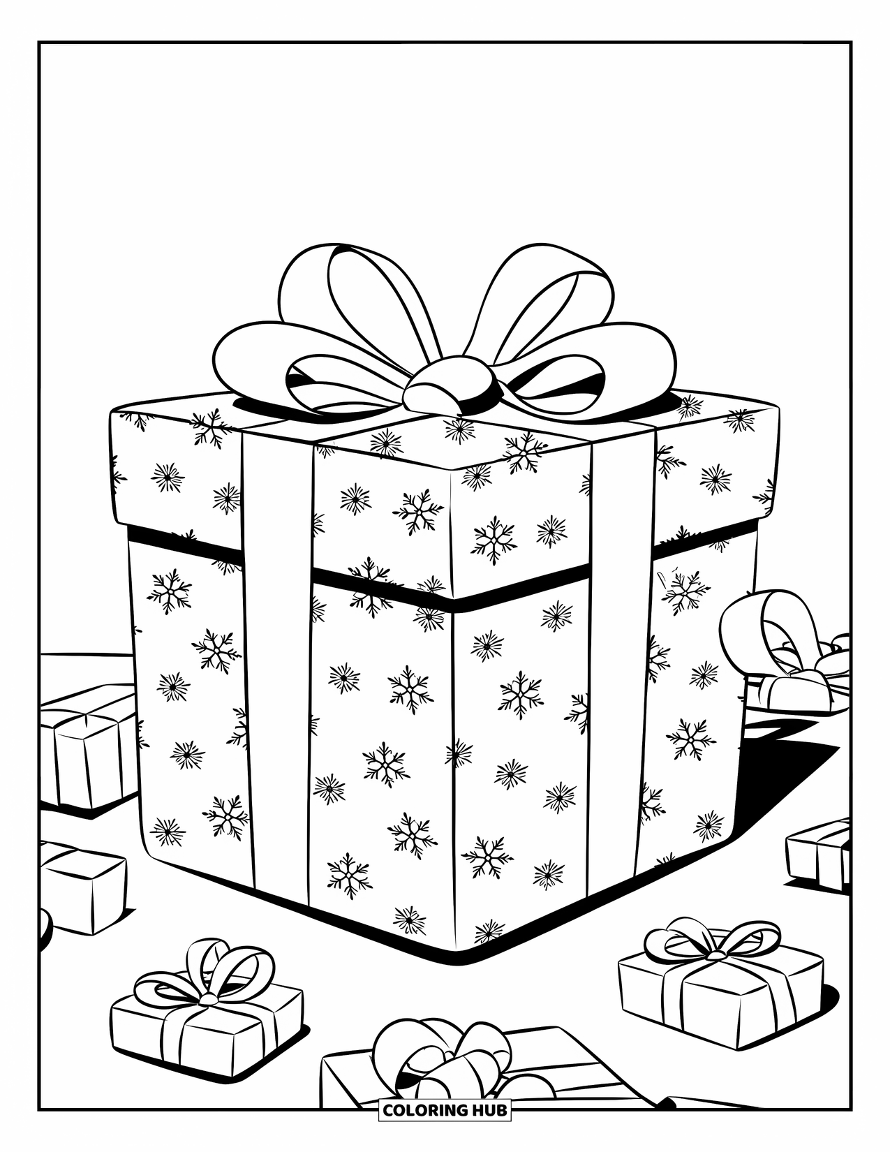 Christmas Presents Coloring Page for Kids: A large festive gift surrounded by smaller ones in a joyful scene