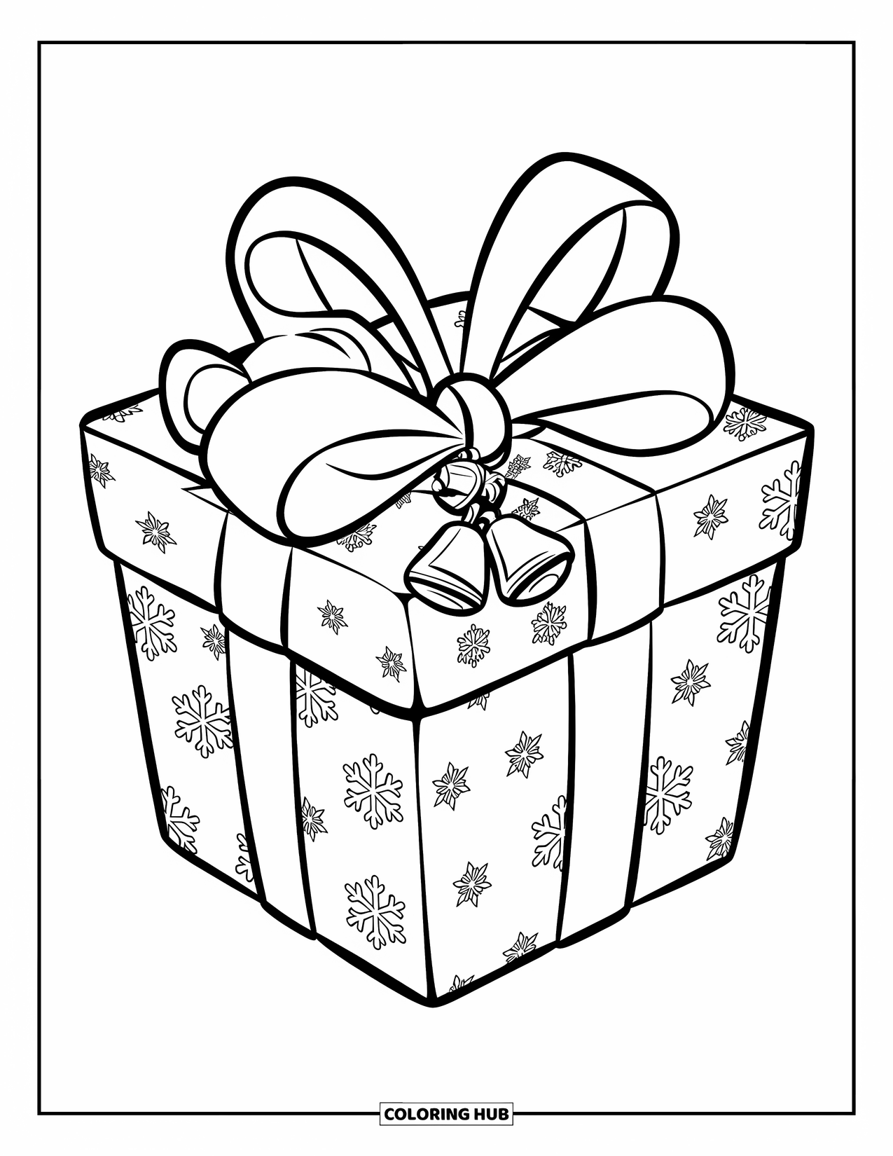 Christmas Presents Coloring Page for Kids: A large present with a sparkling bow and tiny bells tied around it