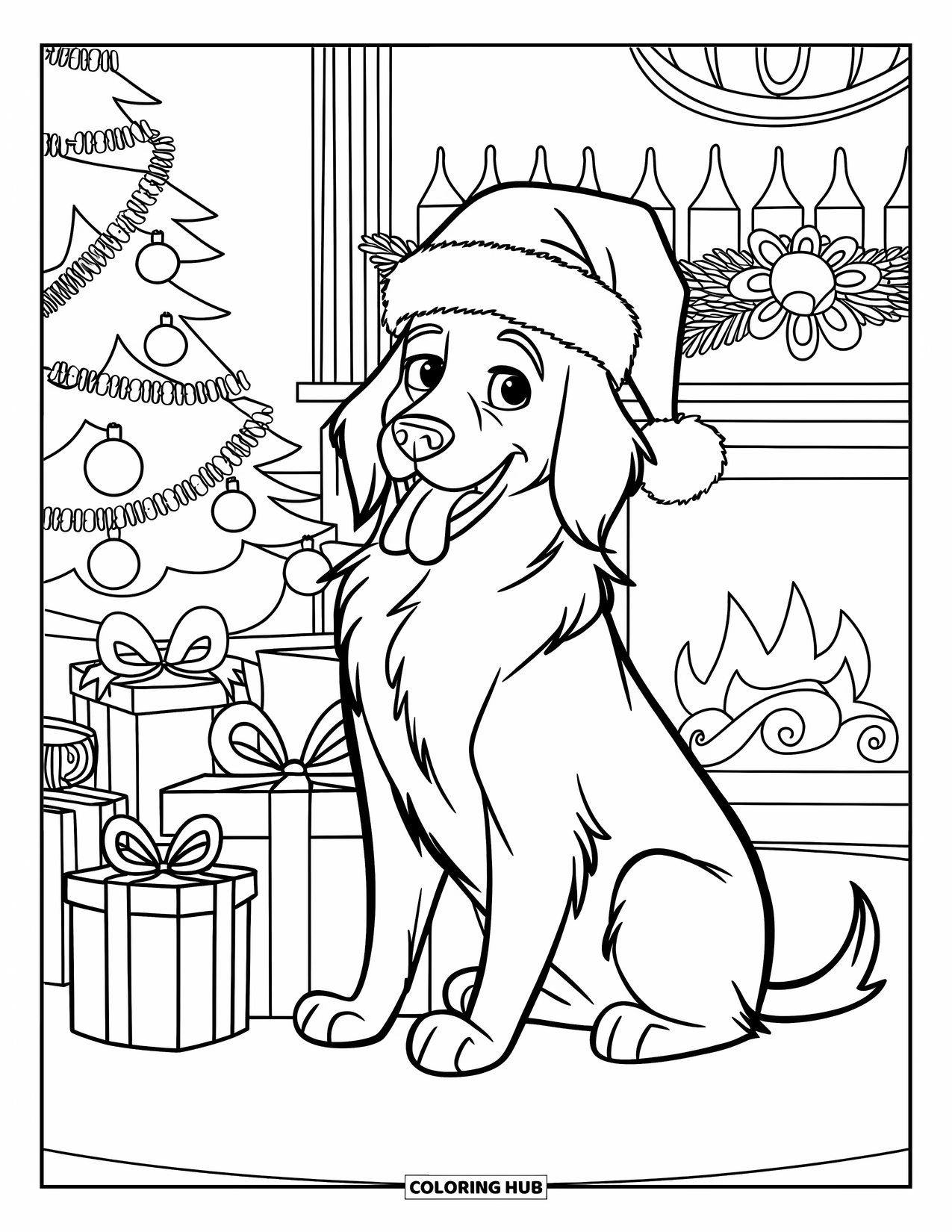 Christmas Presents Coloring Page for Kids: A playful golden retriever in a Santa hat surrounded by Christmas gifts