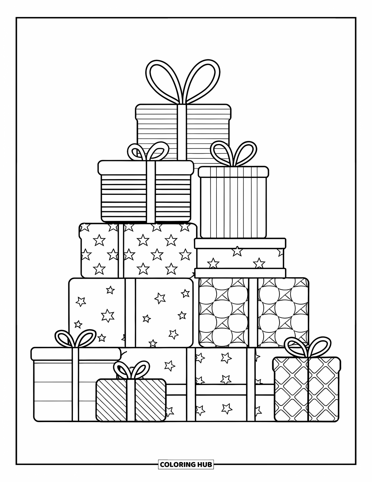 Christmas Presents Coloring Page for Kids: A pyramid of patterned presents tied with bows and festive charm