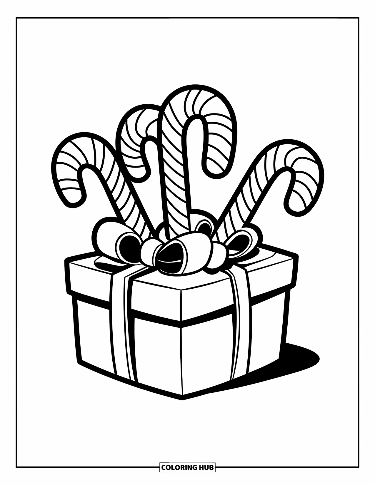 Christmas Presents Coloring Page for Kids: A ribbon-wrapped gift box overflowing with candy canes