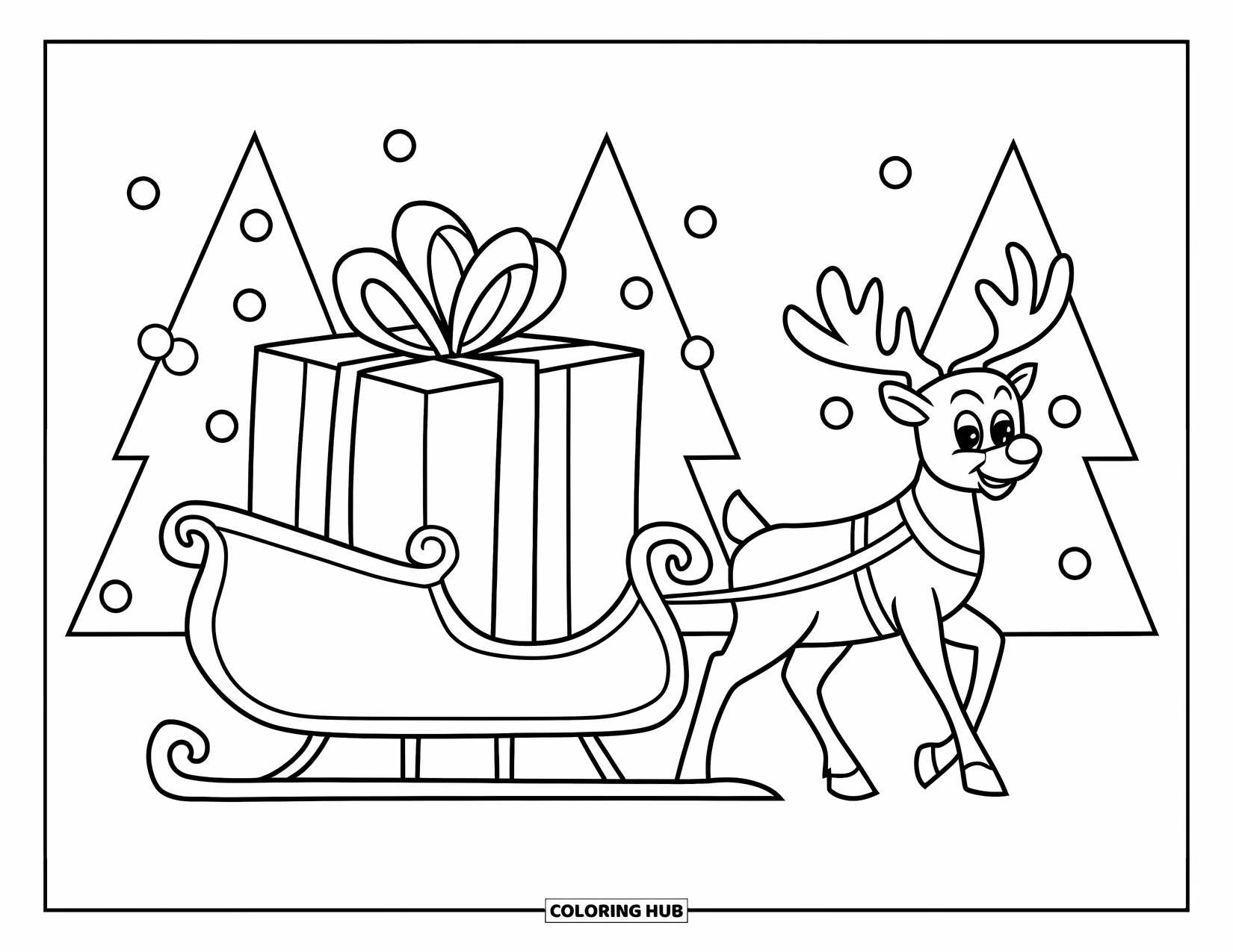 Christmas Presents Coloring Page for Kids: A sleigh pulled by one reindeer carries a big gift through snowy trees