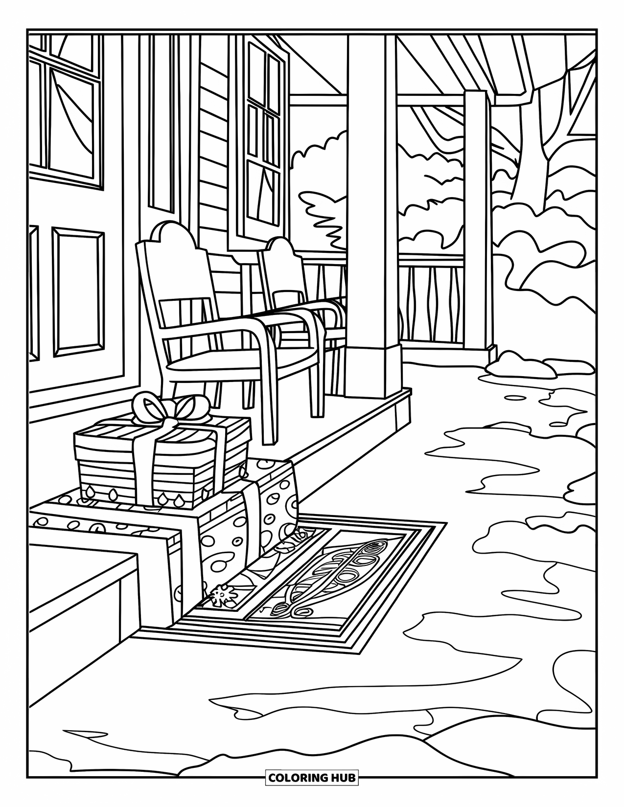 Christmas Presents Coloring Page for Kids: A snow-covered porch with a few chairs and beautifully wrapped presents