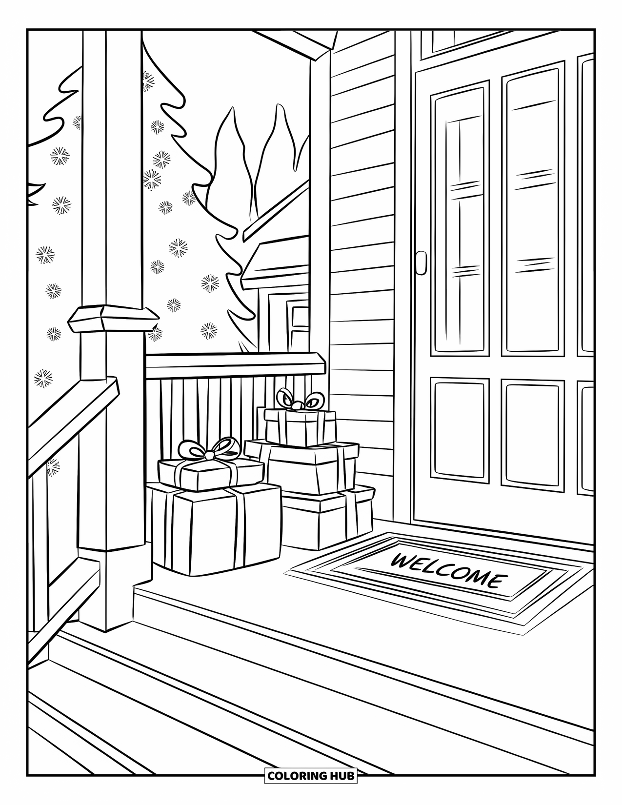 Christmas Presents Coloring Page for Kids: A snowy porch filled with gifts, trees, and cozy winter charm