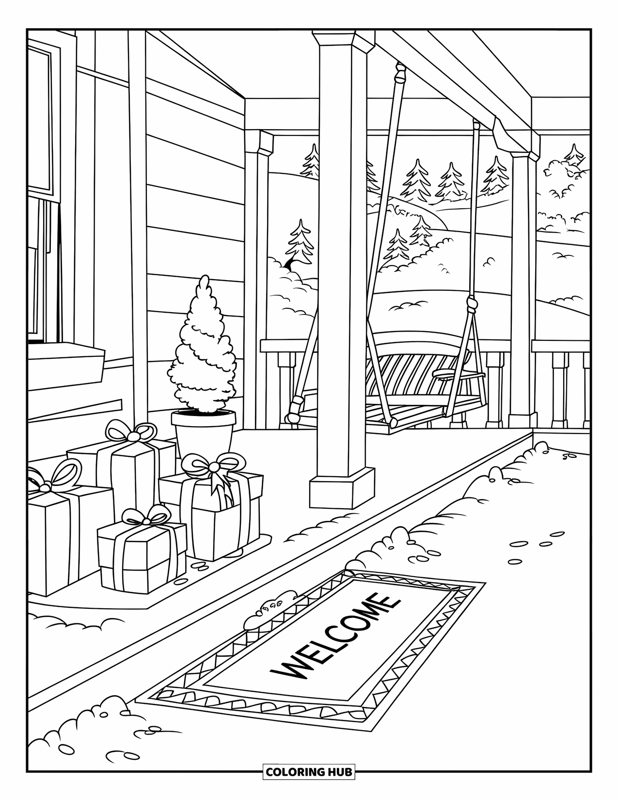 Christmas Presents Coloring Page for Kids: A snowy porch with a small potted tree and wrapped presents by the door