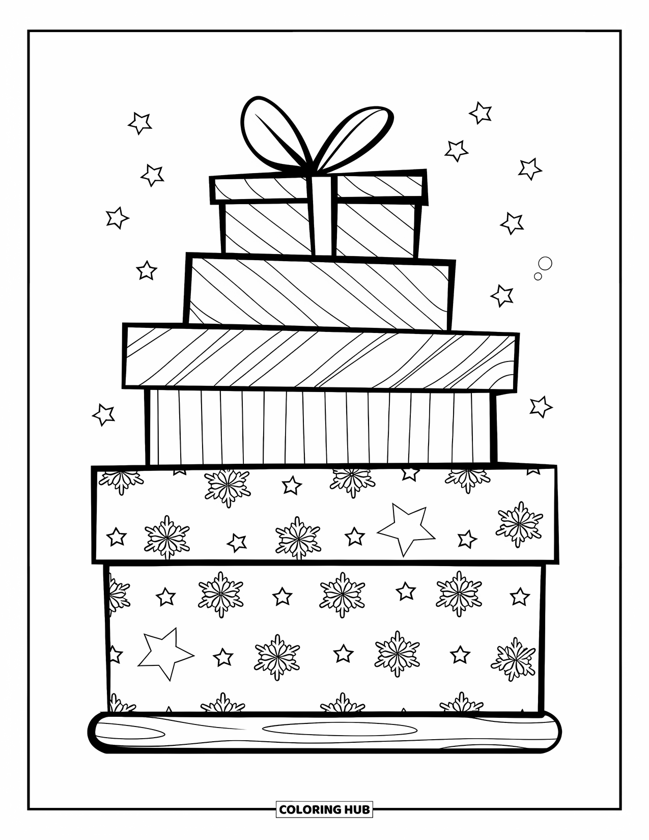 Christmas Presents Coloring Page for Kids: A stack of patterned gifts tied with ribbons on a wooden base