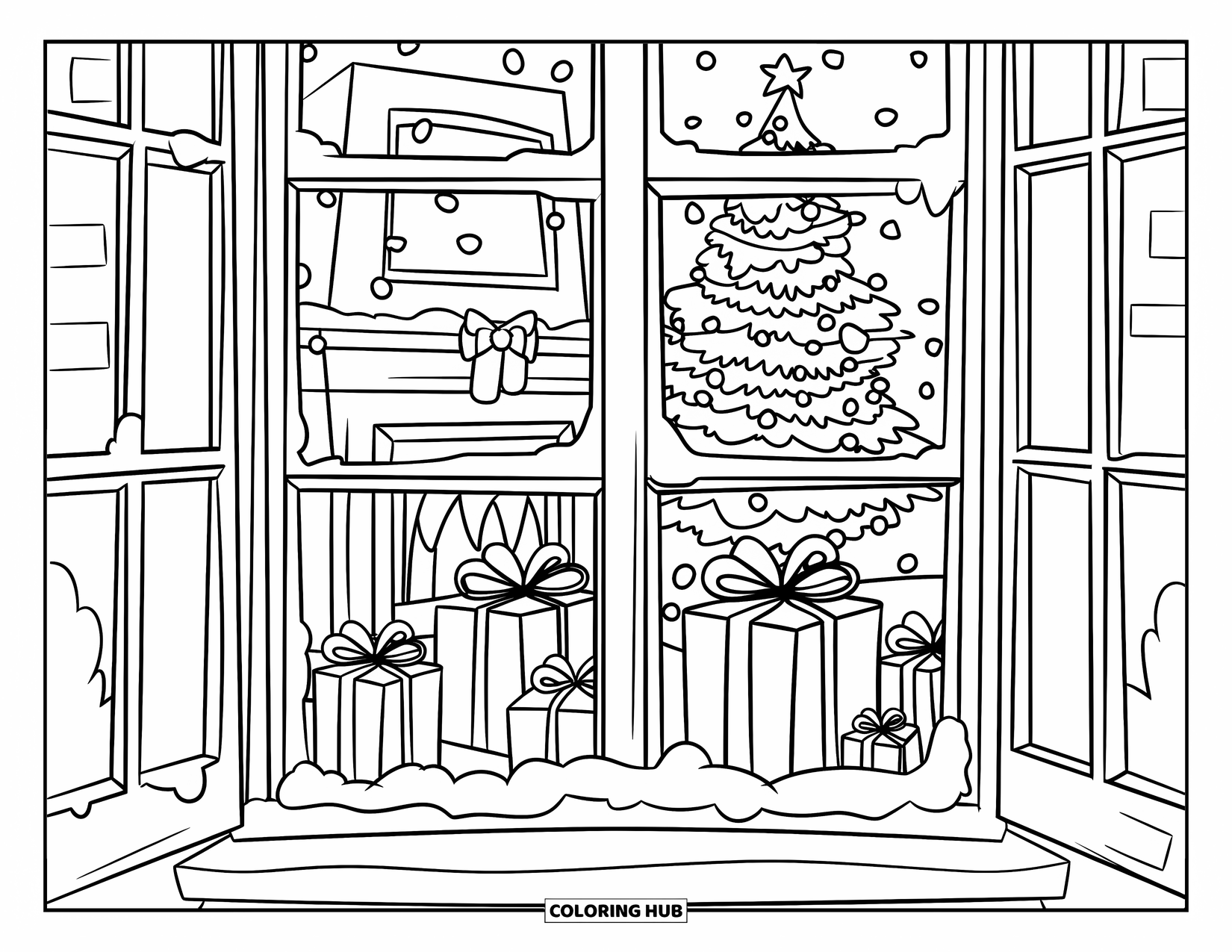 Christmas Presents Coloring Page for Kids: A warm room with a window open to the snowy night outside