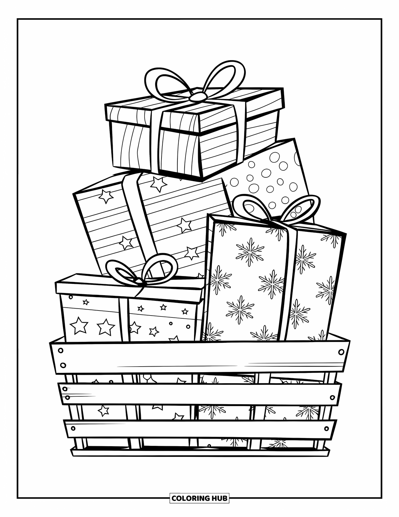 Christmas Presents Coloring Page for Kids: A wooden crate filled with striped, starry, and snowy patterned gifts