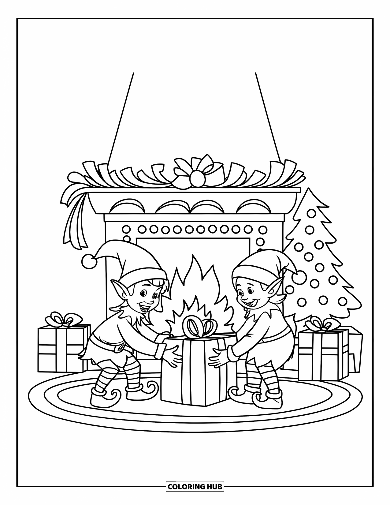 Christmas Presents Coloring Page for Kids: Elves happily stack gifts beside a cozy fireplace and Christmas tree
