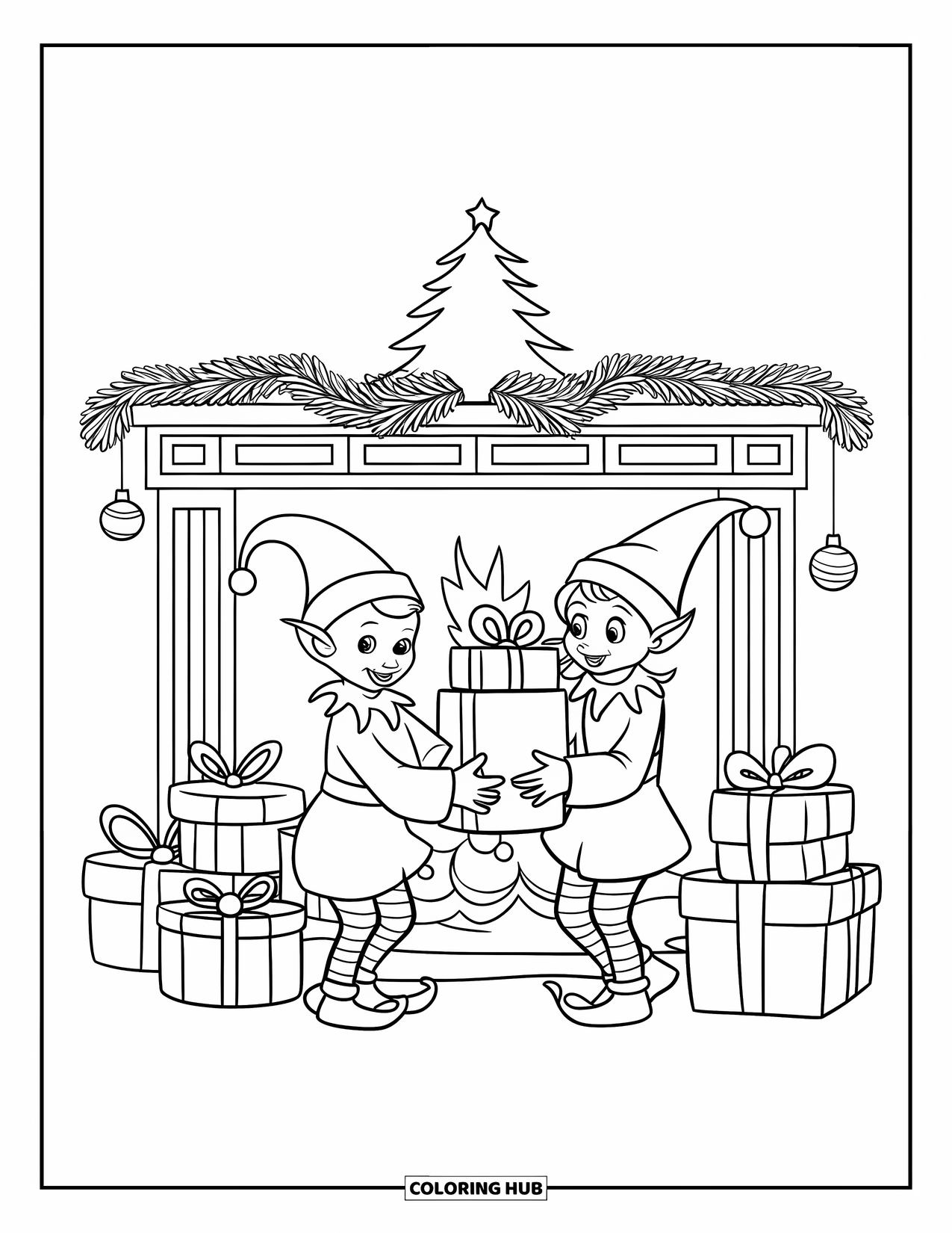 Christmas Presents Coloring Page for Kids: Elves in green outfits stacking colorful gifts by a festive fireplace